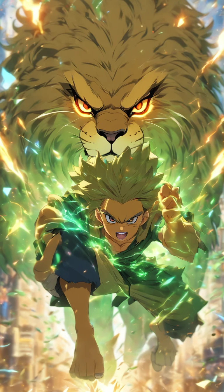 (best quality,4k,8k,A high resolution,master part:1.2),ultra-detalhado, um menino de 5 anos alegre sozinho em um fundo branco, lone, sorrindo, pele branca, cabelo castanho claro, olhos verdes brilhantes, magro, rosto magro, Wearing shirt with a drawing of a lion, vestindo bermuda verde, Wearing dark blue sandals without socks. Menino alegre, sorridente.