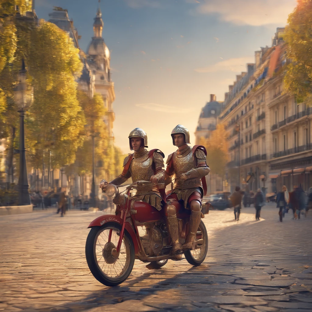 Roman legionnaires riding a bike in Paris