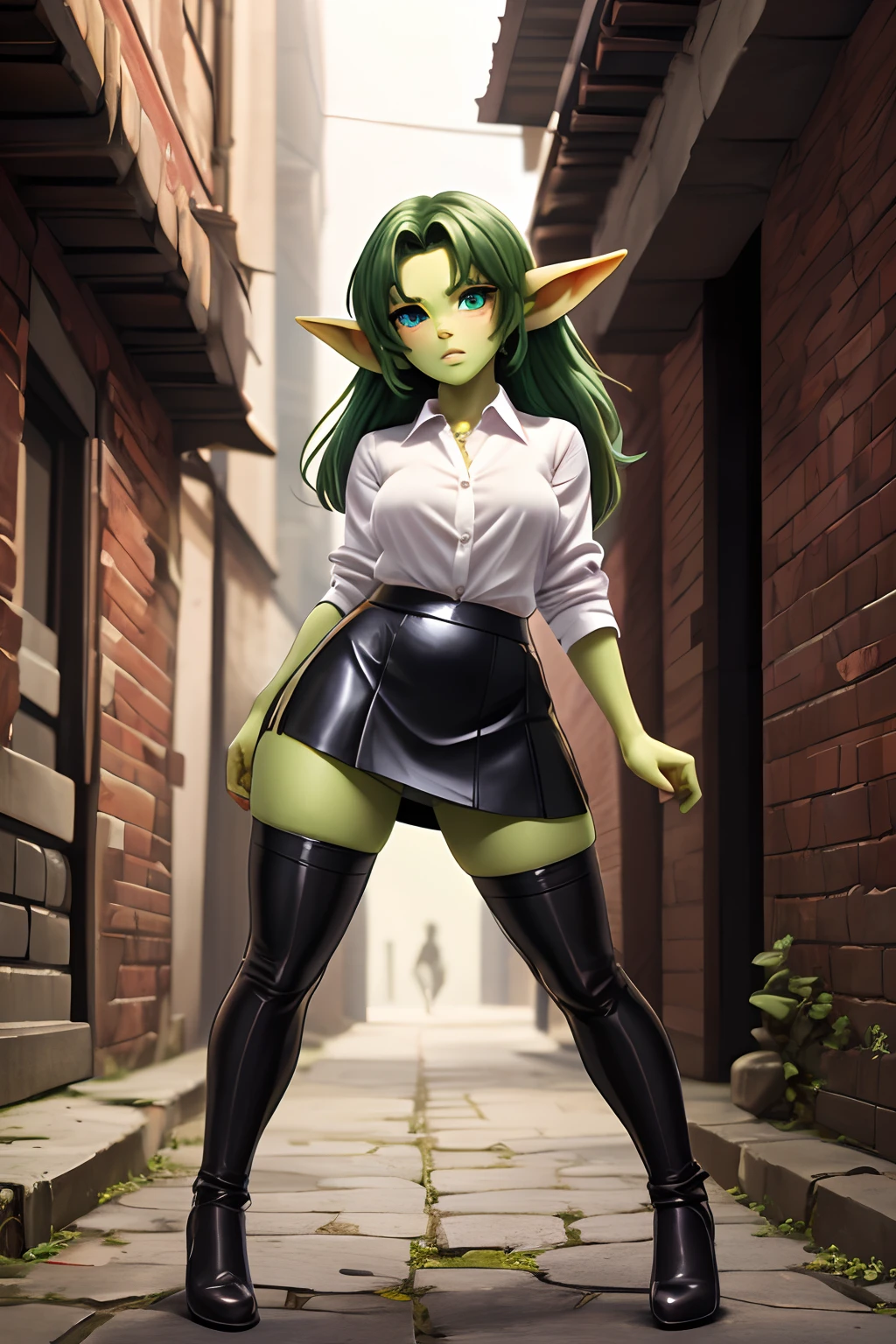 Goblin Girl, Short stature, dark green long hair, beatiful face, sexy facial expression, Facing the camera, green skin, Skin color: green, Body glare, ((pretty eyes)), green colored eyes, ((Perfect Sexy Figure)), Ideal body shapes, big thighs, ((Subtle and beautiful)), ((Fantasy Clothing: Leather Mini Skirt Sexy Leather Stockings White Shirt)), Sexy seductive stance, Full-length, background: Medieval Dark Alley, Depth of field, ((ultra quality)), ((tmasterpiece)), clear image, crisp details, Realistic, Professional Photo Session, Clear Focus, the anime, Colorfully drawn, NSFW