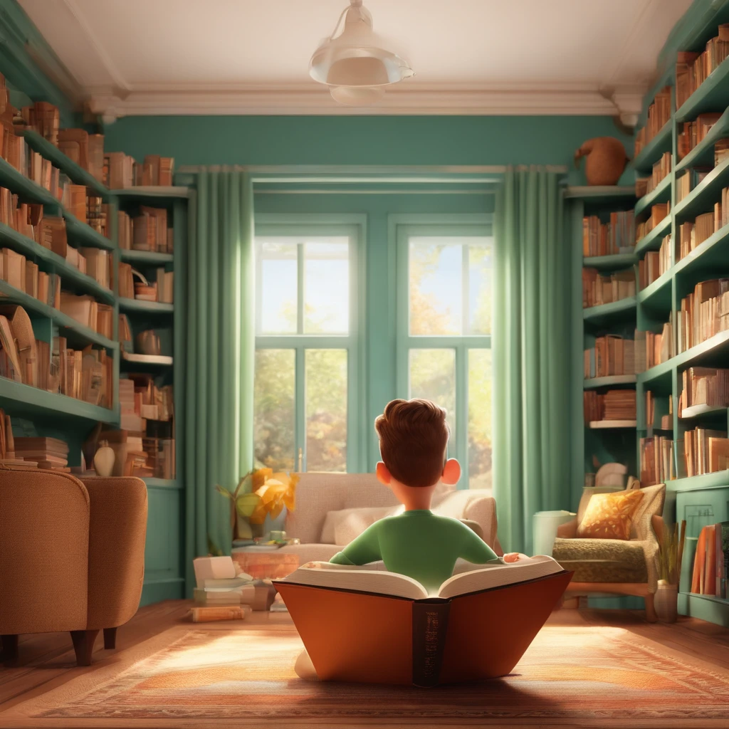 fundo branco, pixar desenhos animados 3D, homem lendo um livro, ::estilo pixar cartoon