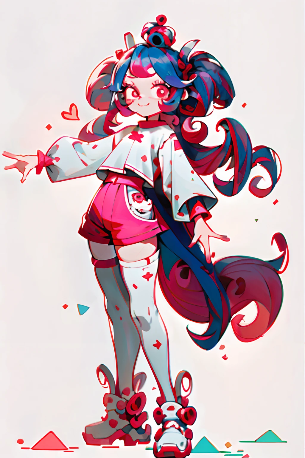 Crazy, girl, long hair, curly hair, pink hair, full body picture, pink eyes, heart shaped pupils, insane smile, blood splatter, 1GIRL, insane girl in long pink hair, crown, princess bubblegum style, finely detailed, (best quality), (intricate details), cute style, loli, jester style, multicolored, ((long pink messiest hair in pigtails)), best quality, ((long sleeve shirt and shorts)), ((red and white clothes)), ((jester style clothes)), ((thigh high socks)), ((round eyes)), ((has jester makeup)), beautiful face, happy, cute face, pinup, perfect face, simple background portrait, clowh hear cards, bubble gums