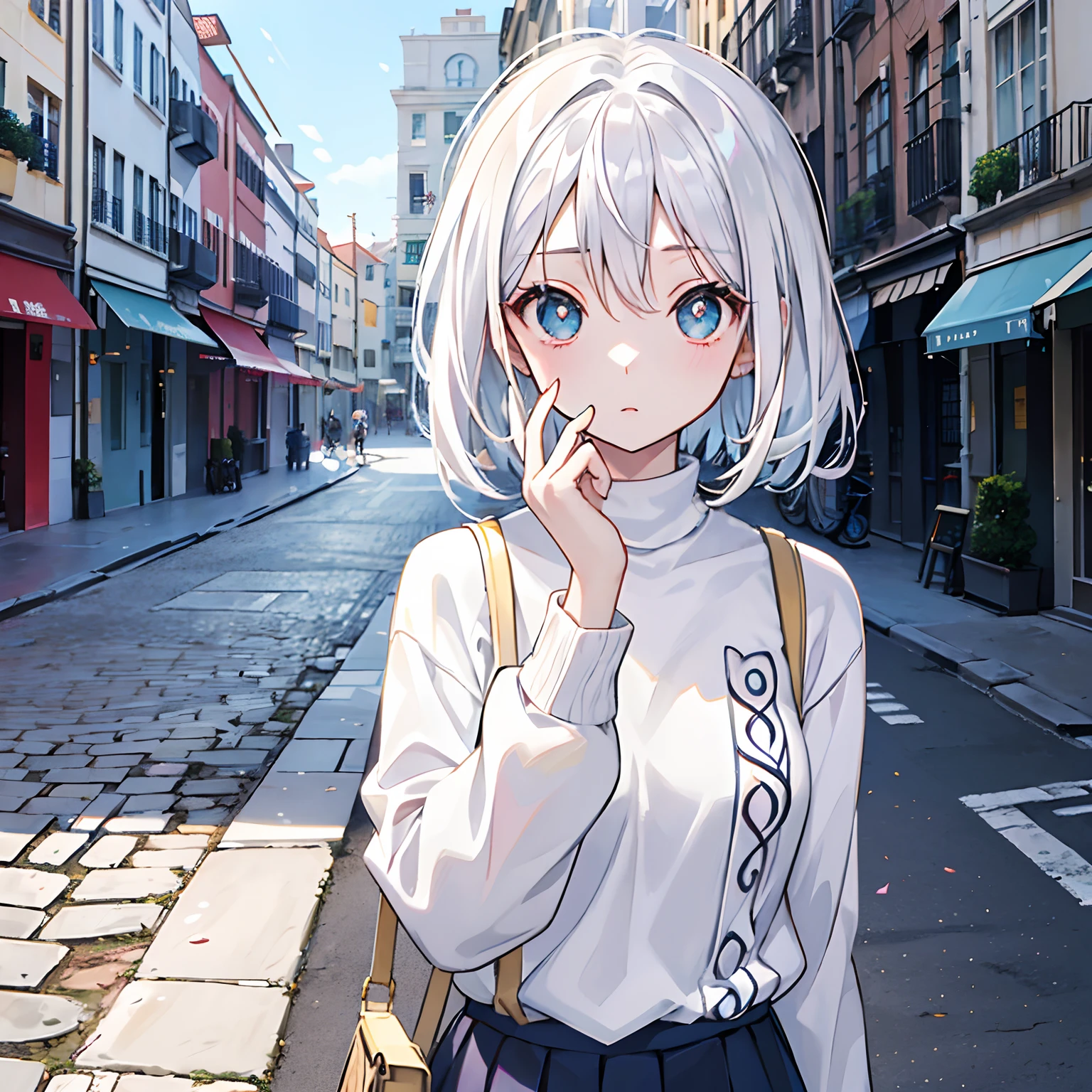 (top-quality、masutepiece)、(((Delicat eyes)))、girl with、1 persons、Put your hand on your forehead、Fashionable clothes、White hair、wearing sweater、Daytime、Building Street、The sunlight is dazzling