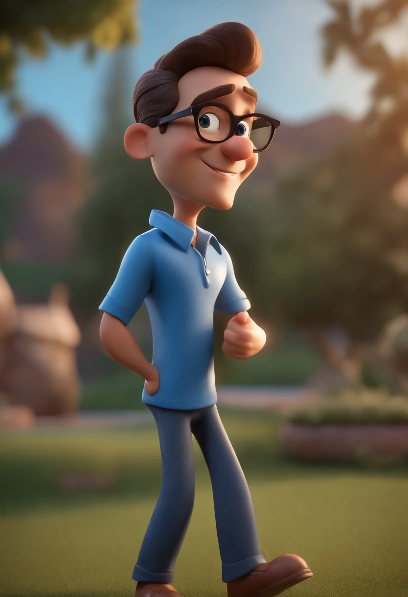 Cartoon character of a man with black glasses and a blue shirt, animation character, Caractere estilizado, animation style rendering, 3D estilizado, Arnold Maya render, 3 d render stylized, toon render keyshot, Personagem 3D, Personagem 3D, 3d rendering stylized, 3 d character render, personagem de desenho animado, Personagem de close up, Pose de personagem,  (Estilo Pixar) (master part:1.2) (Bokeh) (best quality) (pele detalhada) (textura detalhada) (8k) (argila) (Cinematic lighting) (foco nítido
