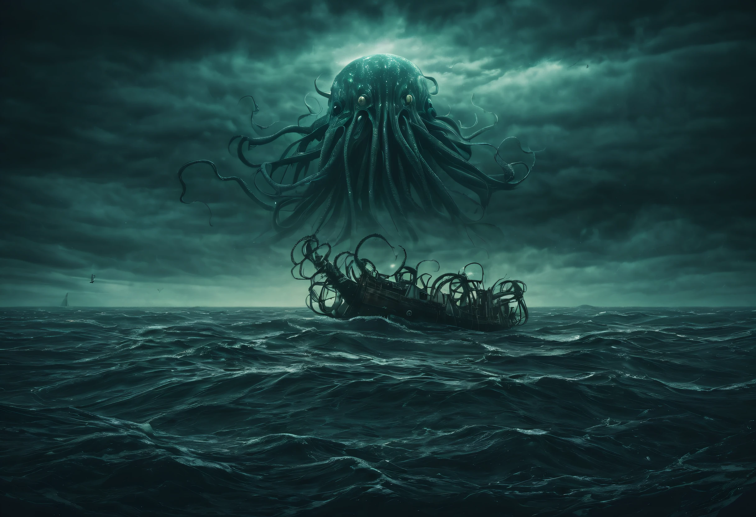 rough sea cosmic terror, with a tentacle coming out of the sky coming to the sea