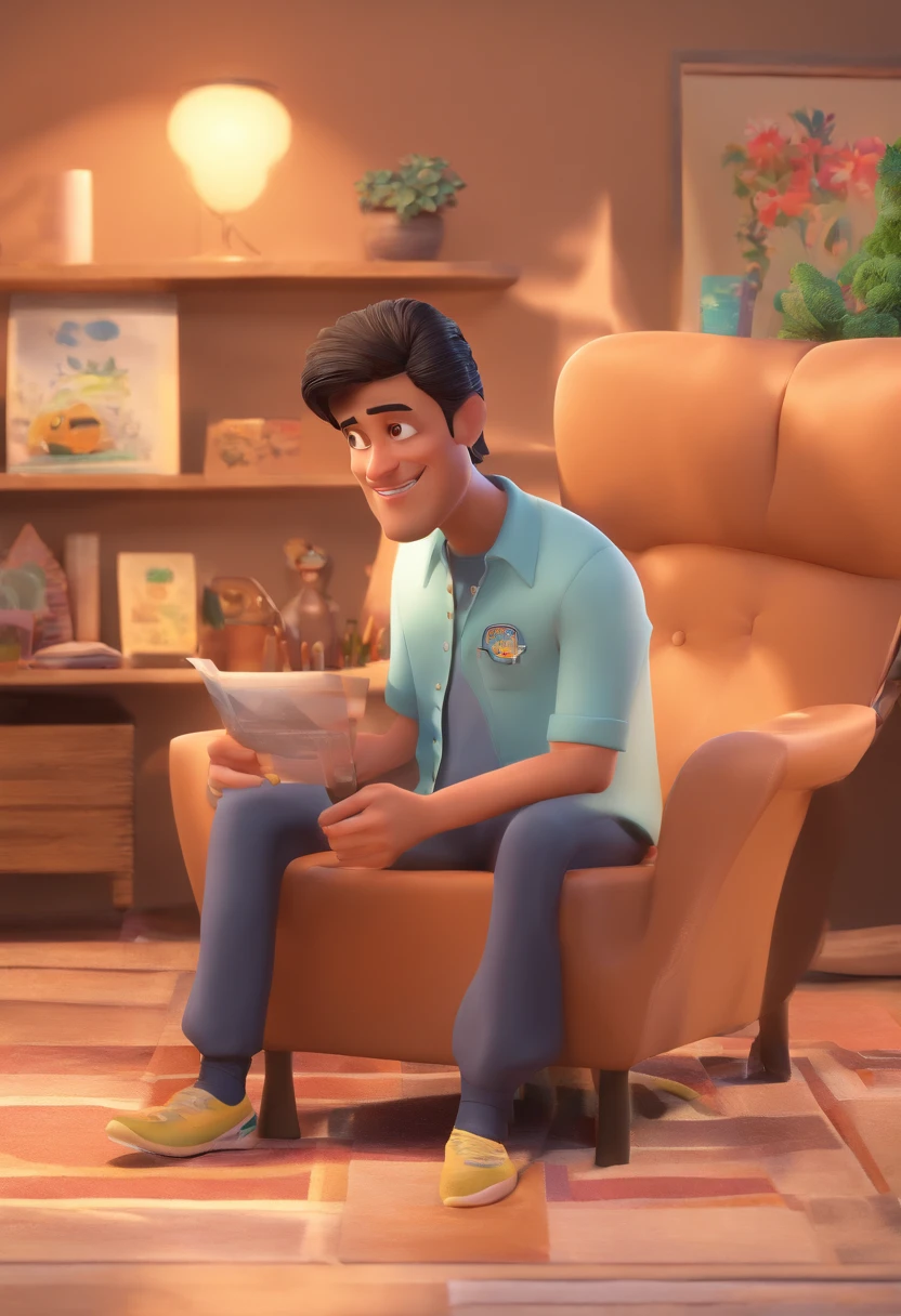 Homem 45 anos, latino, cabelo negro curto, fazendo sinal de "Joinha", boca aberta de surpresa, alegria, arte 3d estilo disney pixar