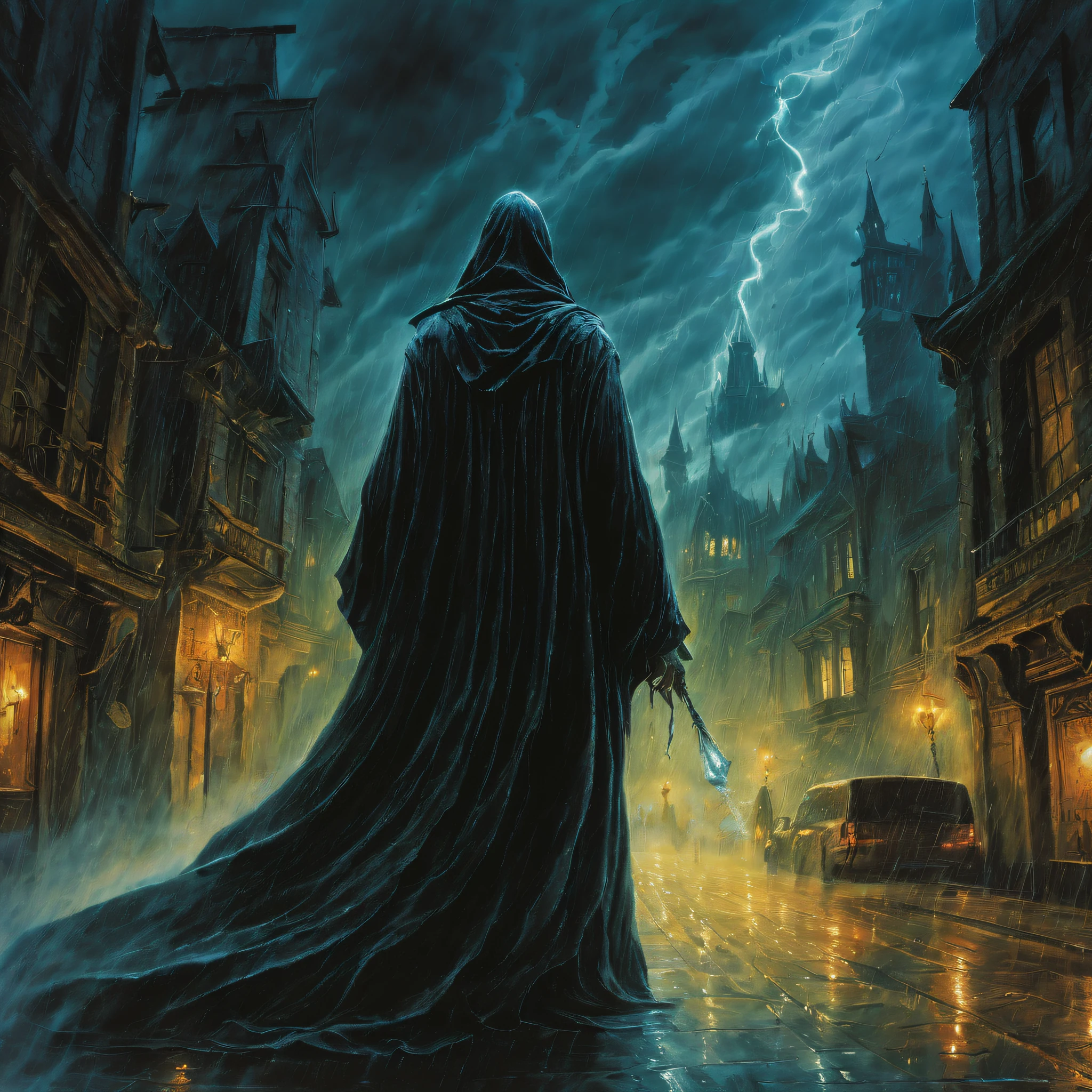 Step into a realm of magic and wonder with this captivating prompt for an illustration of a sorcerer creating a rainy night world in a veil of black smoke, from a god's-eye view. The composition offers a breathtaking perspective, allowing the viewer to witness the sorcerer's power and creativity. From above, the sorcerer stands amidst swirling black smoke, casting spells that conjure rain and darkness. The city below is transformed into a shimmering reflection of the sorcerer's imagination, with raindrops falling gracefully on the streets and buildings. The use of vibrant colors, intricate details, and a touch of mystery creates an enchanting scene that invites the viewer to explore the depths of the sorcerer's magical abilities. Illustrated by renowned fantasy artist Luis Royo