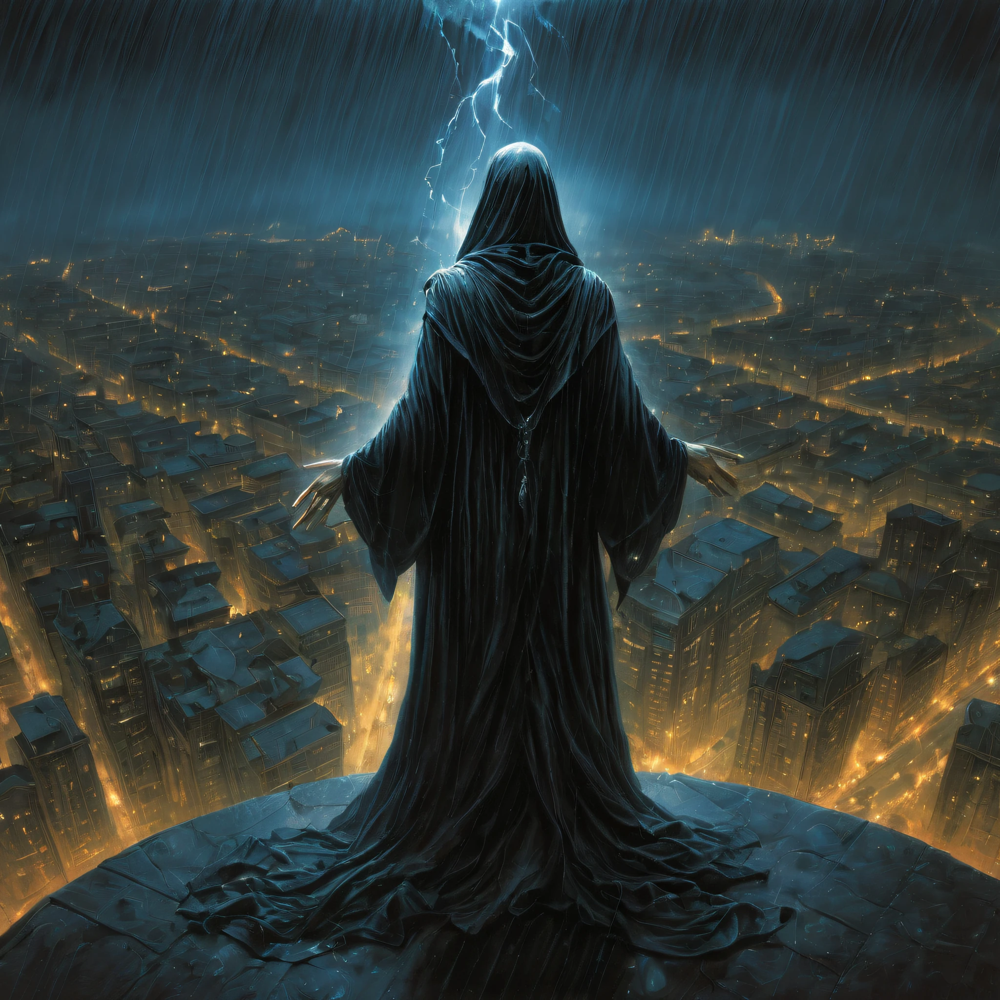 Step into a realm of magic and wonder with this captivating prompt for an illustration of a sorcerer creating a rainy night world in a veil of black smoke, from a god's-eye view. The composition offers a breathtaking perspective, allowing the viewer to witness the sorcerer's power and creativity. From above, the sorcerer stands amidst swirling black smoke, casting spells that conjure rain and darkness. The city below is transformed into a shimmering reflection of the sorcerer's imagination, with raindrops falling gracefully on the streets and buildings. The use of vibrant colors, intricate details, and a touch of mystery creates an enchanting scene that invites the viewer to explore the depths of the sorcerer's magical abilities. Illustrated by renowned fantasy artist Luis Royo