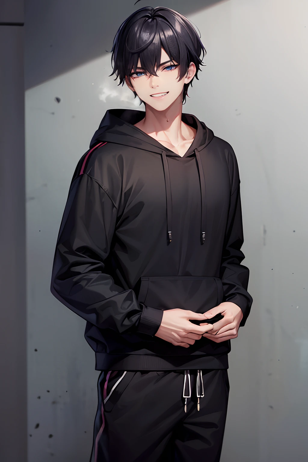 A mature boy with a devilish grin, wearing a black hoodie and sweatpants, (standing)