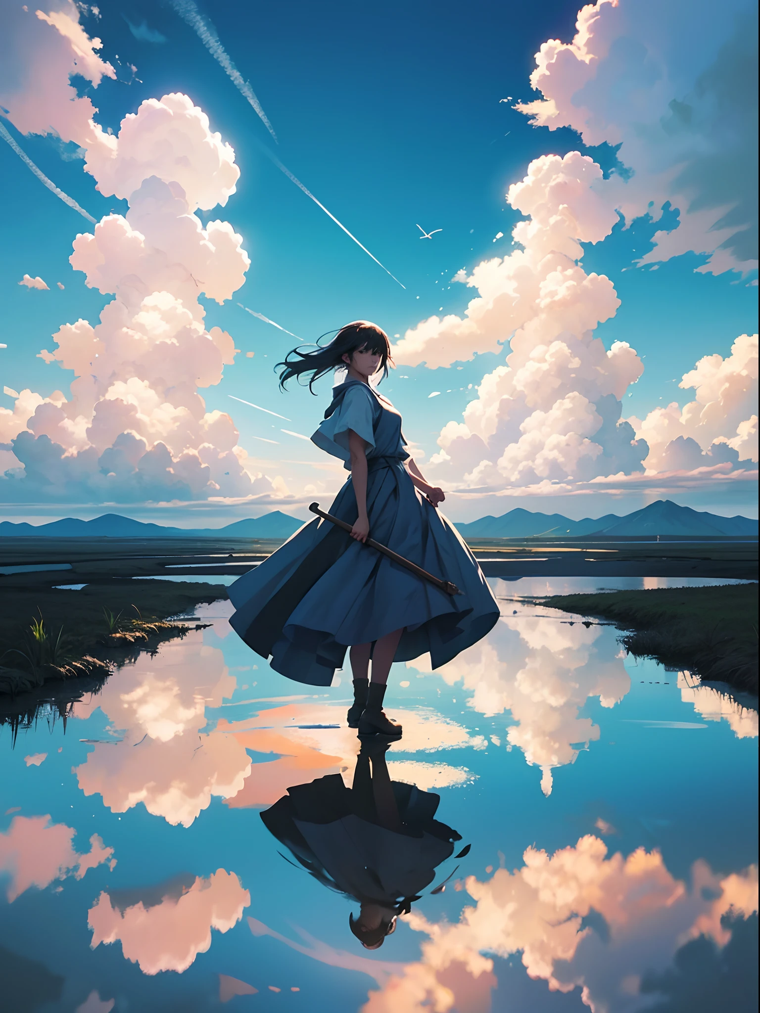 She is a simple girl who works on a farm. She lives in difficult times., It's the Dark Ages. , Crazy World, Floating islands, cloud castles, (Best Quality:1.3), (hight resolution:1), (Huge:1.3), (unbelievable:1.3), (Perfect:1.3), (Perfection:1.3), (Volume Cover Art:0), (Illustration:1.3),The Art of Makoto Shinkai