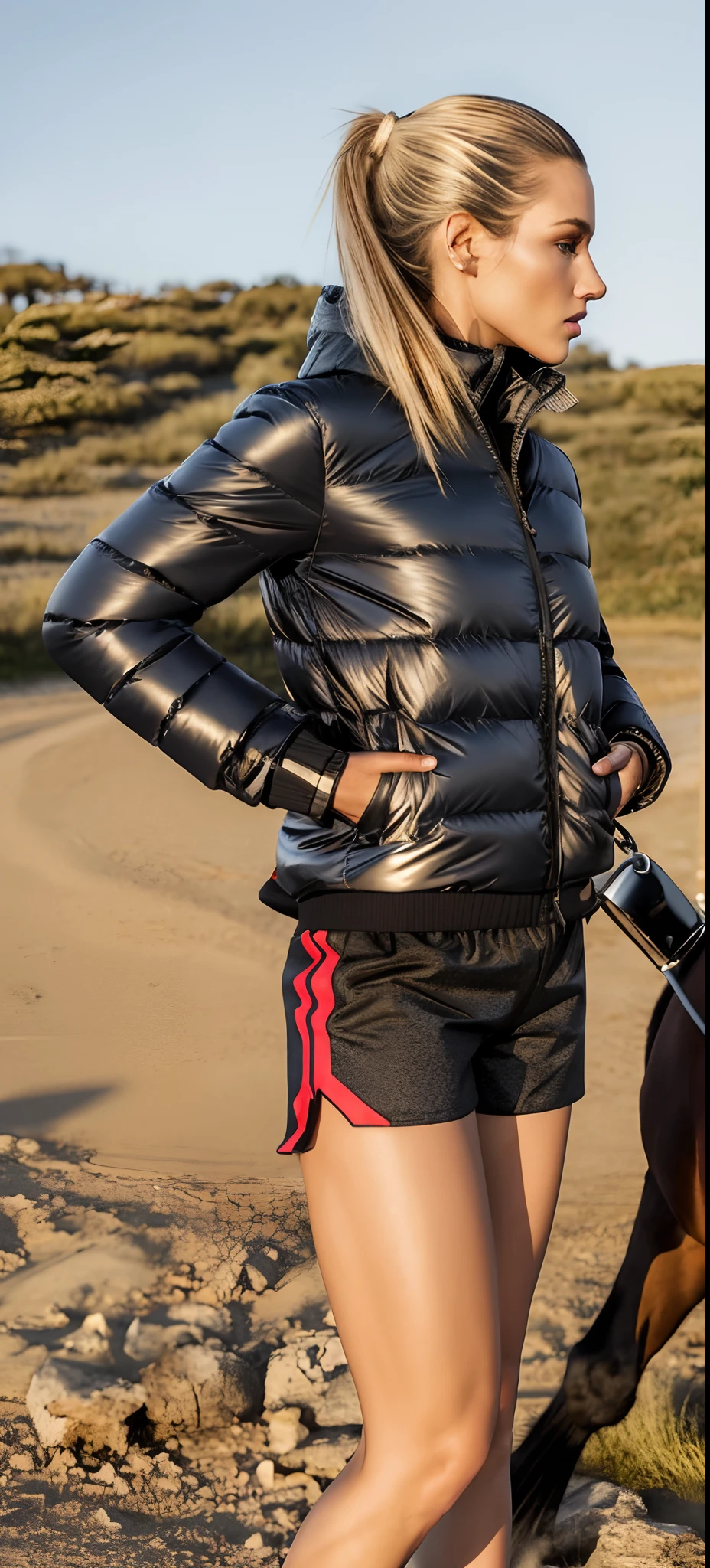 There's a woman in a black jacket and shorts next to a horse, Moncler Metallic Silver Jacket, Swollen short pants, Black jacket | reluzente, Jaqueta Moncler, mulher curta robusta, de bermuda, roupas esportivas, metallic neoprene woman, retrato lateral, jaqueta puffer, brilhante brilhante reflexivo, roupas esportivas, com dois bolsos frontais