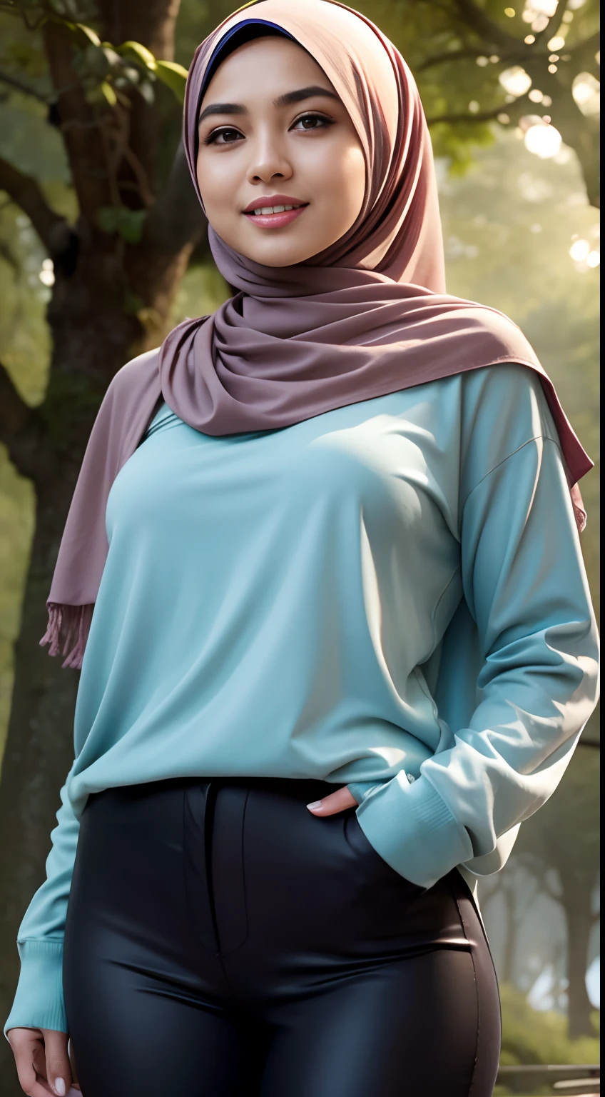 Malay girl in hijab wear big oversized loose blouse and high waist loose cotton pants, pastel color, seating, wear back pack, front view, detail skin, detail skin texture, mole below eyes, small breast, big hip, big waist, big thigh, slim abs, beautiful body, evening, laughing, happy, bright lighting, blur background, bokeh,Super 8mm lense, Extreme close-up, deep focus cinematography effect, Natural Lighting, pastel color grading, high quality, ultra detail, 8k resolution