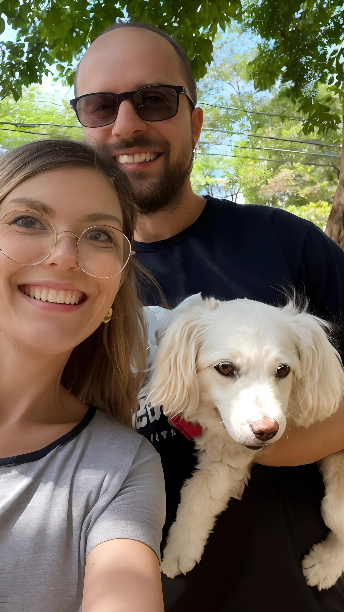 Smiling couple taking selfie with dog in park with trees, imagem de perfil, small white dog at her side, selfie of a dog, with dogs, Directed by: Nandor Soldier, happily smiling at the camera, foto do perfil, looking defiantly at the camera, Directed by: Emma Andijewska, Directed by: Felipe Seade, front facing the camera