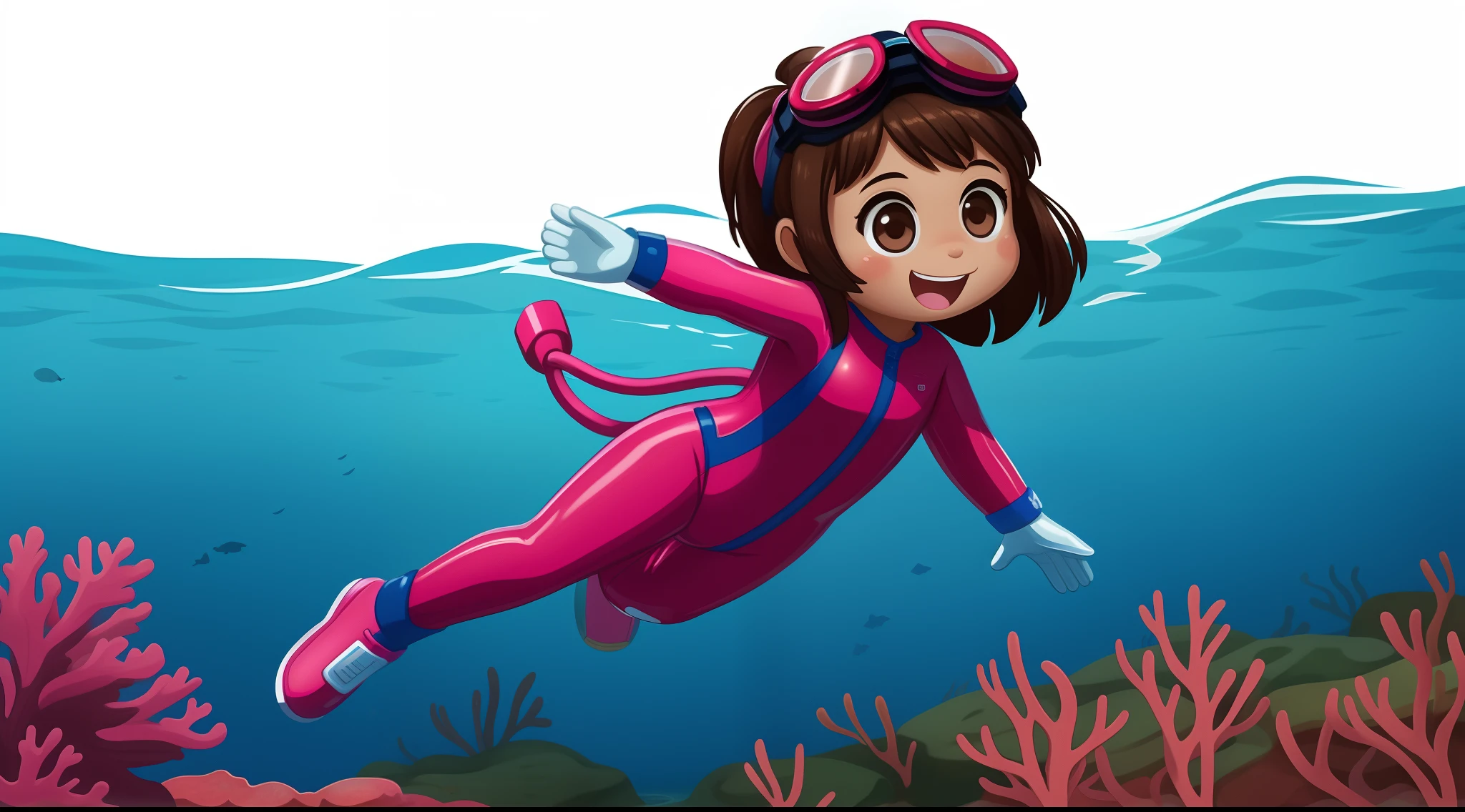 a 5 year old girl diving at the bottom of the ocean among algae and corals, Happy, with brown hair, brown eyes, rosy cheeks, pink diving suit, pink diving goggles, pink gloves, pink shoes pink,full body, 2D childish illustration style.