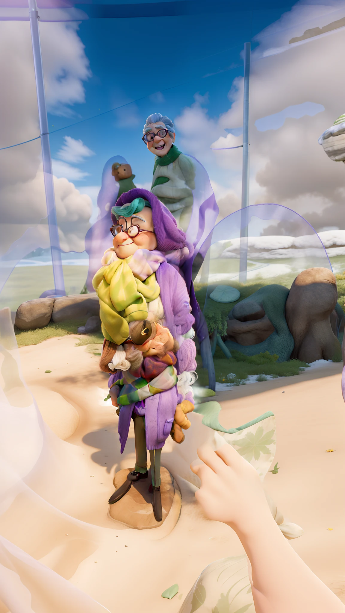 masterpiece, best quality, an old woman with glasses and a scarf on, wearing a purple coat and green scarf, standing at the park