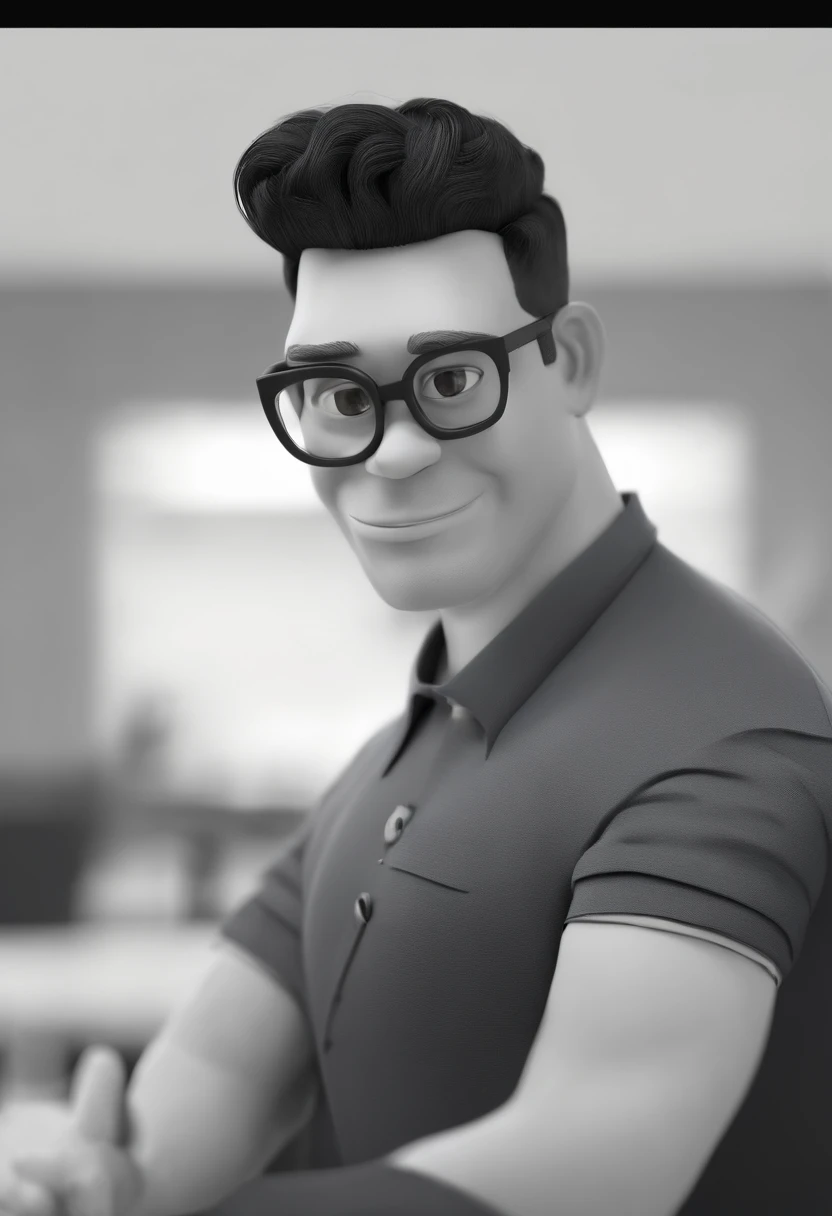 Cartoon character of a man with black glasses, cabelo cacheado marrom escuro e uma camisa azul, animation character, Caractere estilizado, animation style rendering, 3D estilizado, Arnold Maya render, 3 d render stylized, toon render keyshot, Personagem 3D, Personagem 3D, 3d rendering stylized, 3 d character render, personagem de desenho animado, Personagem de close up, Pose de personagem, (Estilo Pixar) (master part:1.2) (Bokeh) (best quality) (pele detalhada) (textura detalhada) (8k) (argila) (Cinematic lighting) (foco nítido