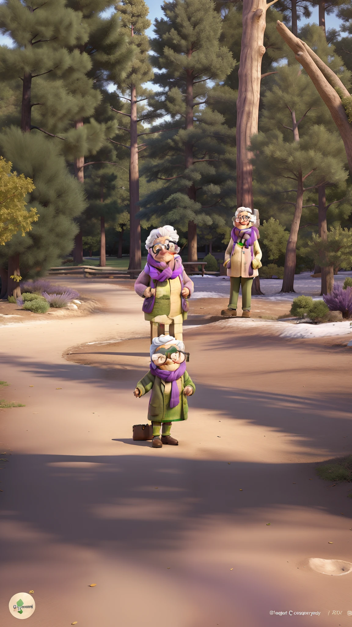 masterpiece, best quality, an old woman with glasses and a scarf on, wearing a purple coat and green scarf, standing at the park