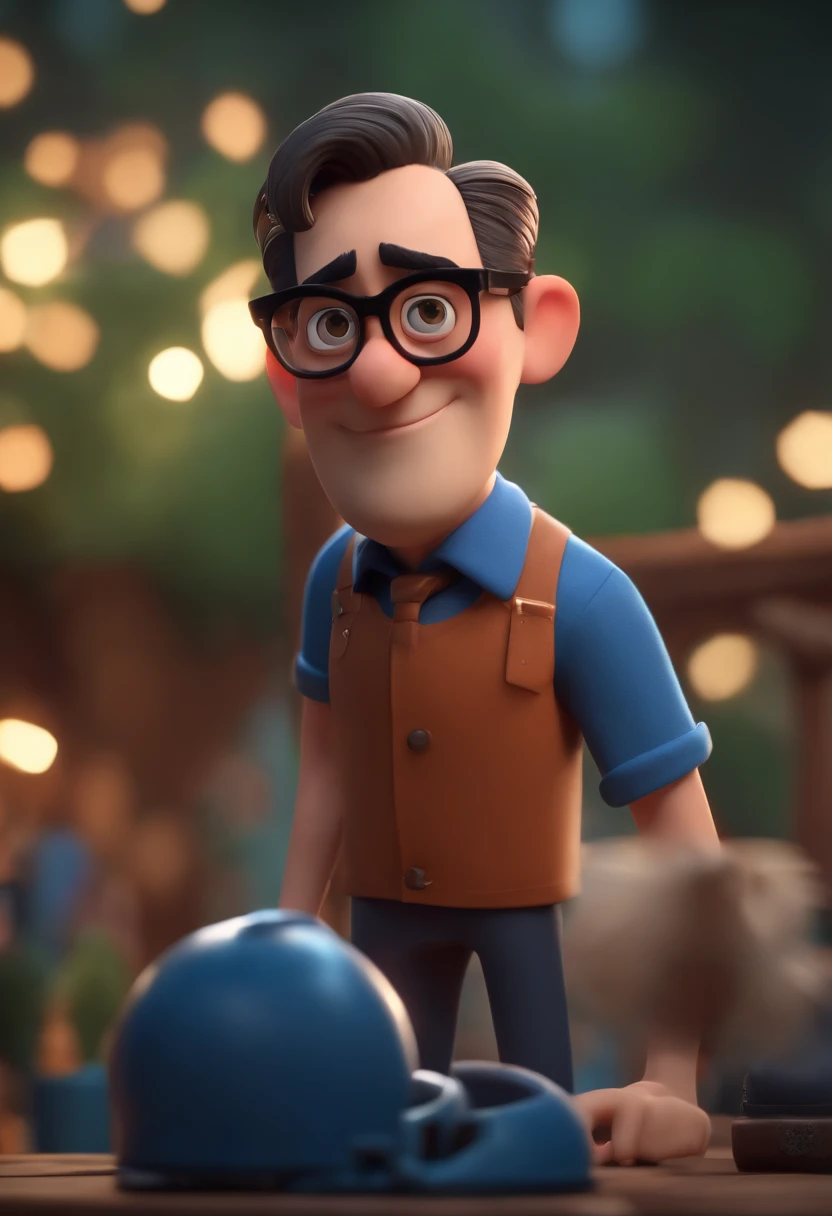 Cartoon character of a man wearing black glasses and a blue shirt, um personagem animado, Caractere estilizado, animation style rendering, 3D estilizado, Arnold Maya render, 3 d render stylized, toon render keyshot, Personagem 3D, Personagem 3D, 3d rendering stylized, 3 d character render, personagem de desenho animado, Personagem de close up, Pose de personagem, (Estilo Pixar) (master part:1.2) (Bokeh) (best quality) (pele detalhada) (textura detalhada) (8k) (argila) (Cinematic lighting) (foco nítido，Senta e vaza a parte superior do corpo