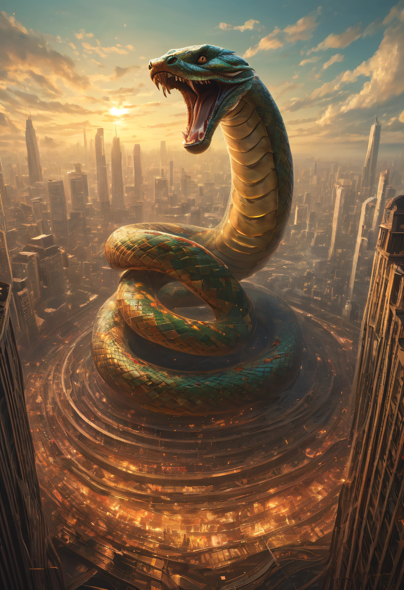 Immerse yourself in the mesmerizing world of fantasy and power with this captivating prompt for a digital artwork of a gigantic serpent, coiling around a towering skyscraper, with minuscule references to humanity, symbolizing their vulnerability in the face of nature's power. The composition captures the majestic nature of the serpent, with its scales glistening in the sunlight as it wraps around the building. The tiny figures of people on the ground, going about their daily lives, serve as a poignant reminder of the fragile existence of humanity. The use of vibrant colors, intricate details, and a fantastical atmosphere transports the viewer to a realm where colossal creatures reign supreme. Created by renowned digital artist Boris Vallejo.