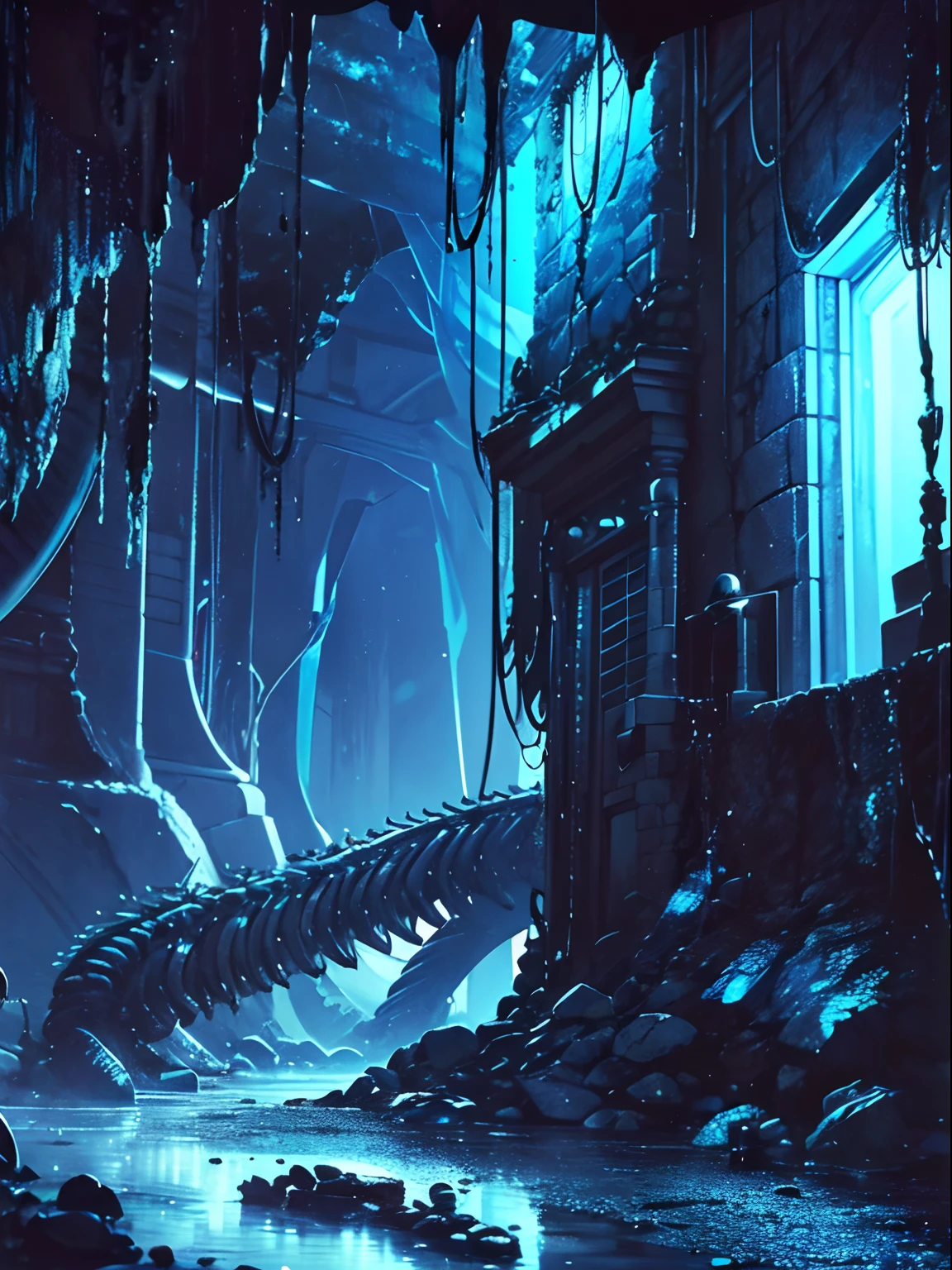 (masterpiece,best quality,ultra-detailed),1girl,insect girl, insect creature body, (centipede girl) ,((grey and blue theme)),in a dark cave,(night),stone pillars,((outdoor)),petroleum,oil, tar, oil spill,((medium shot)), looking at viewer