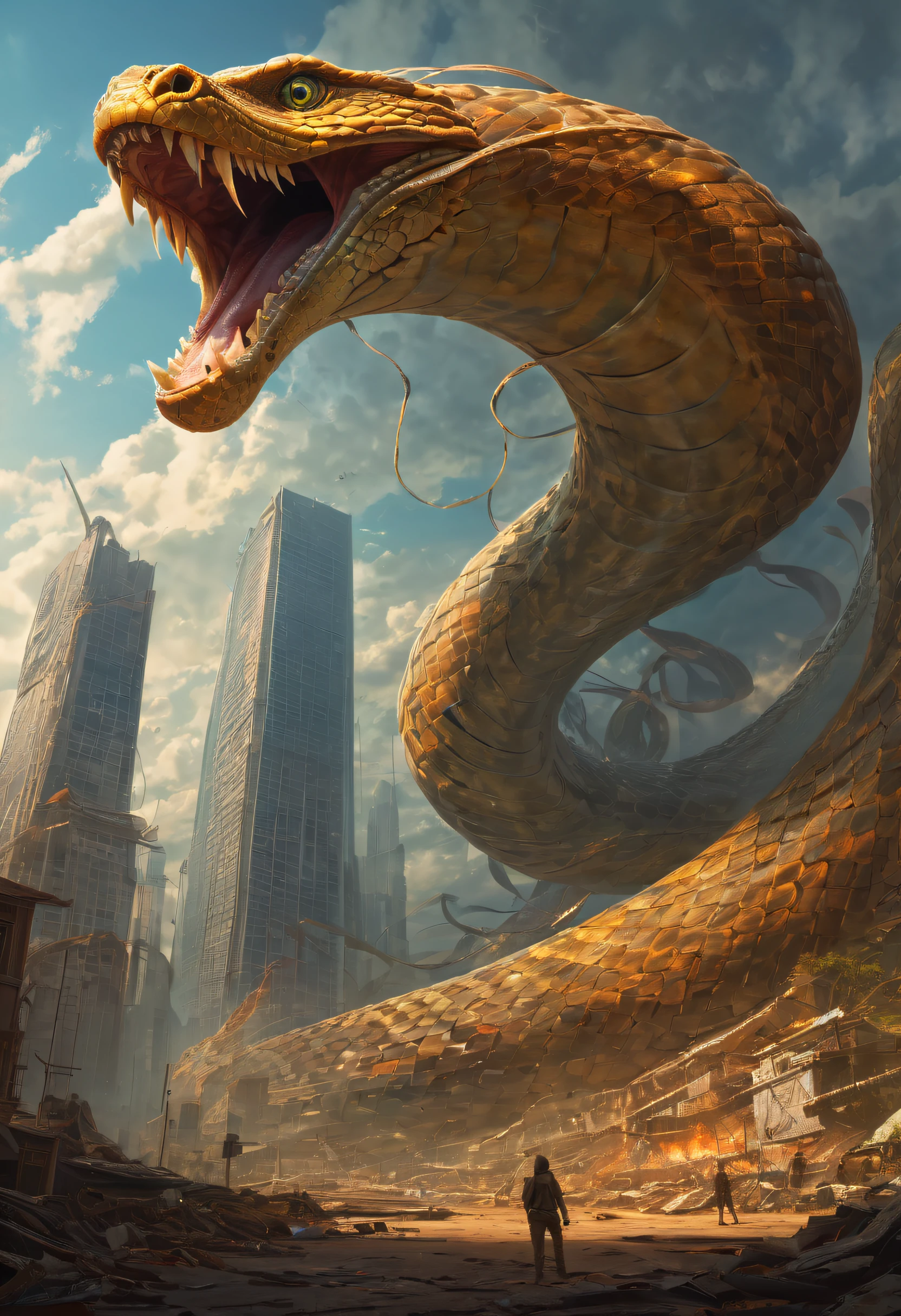 Immerse yourself in the mesmerizing world of fantasy and power with this captivating prompt for a digital artwork of a gigantic serpent, coiling around a towering skyscraper, with minuscule references to humanity, symbolizing their vulnerability in the face of nature's power. The composition captures the majestic nature of the serpent, with its scales glistening in the sunlight as it wraps around the building. The tiny figures of people on the ground, going about their daily lives, serve as a poignant reminder of the fragile existence of humanity. The use of vibrant colors, intricate details, and a fantastical atmosphere transports the viewer to a realm where colossal creatures reign supreme. Created by renowned digital artist Boris Vallejo.