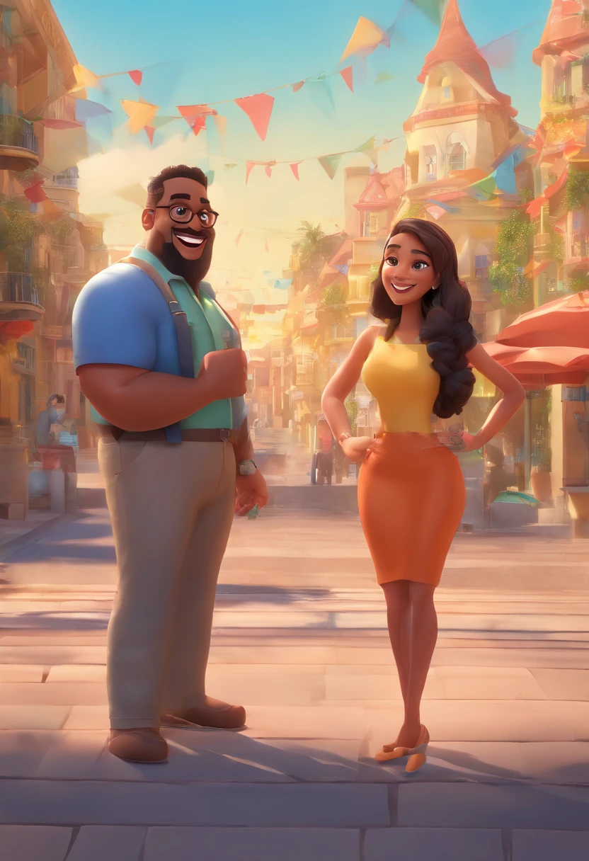 An illustration of an adorable couple, Highlight for a chubby mulatto man with glasses smiling and a brunette woman with beautiful expressive eyes - the man's skin is mulatto and the man's hair haswhile the woman's skin is black and the woman's hair is straight and brown. They are a bright room, cada um com um sorriso no rosto, e compartilhar um momento especial caracterizado pelo amor, Insights. Illustrate this scene from a perspective where they are facing the camera, Smiling and Showing Your Connection. Desenvolva esta arte em Full HD, Focus on your cinematic touch, Estilo Disney Pixar Animations