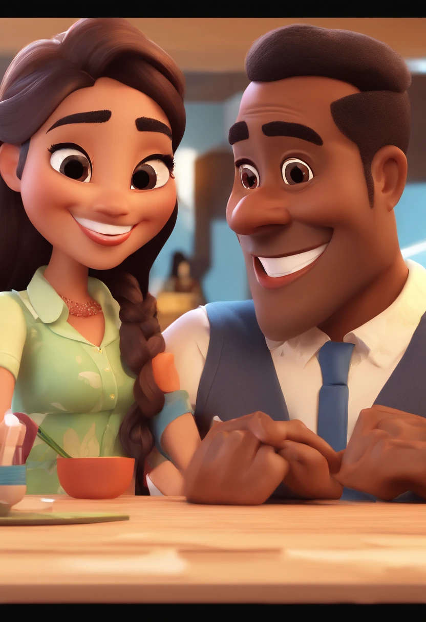 An illustration of an adorable couple, Highlight for a chubby mulatto man with glasses smiling and a brunette woman with beautiful expressive eyes - the man's skin is mulatto and the man's hair haswhile the woman's skin is black and the woman's hair is straight and brown. They are a bright room, cada um com um sorriso no rosto, e compartilhar um momento especial caracterizado pelo amor, Insights. Illustrate this scene from a perspective where they are facing the camera, Smiling and Showing Your Connection. Desenvolva esta arte em Full HD, Focus on your cinematic touch, Estilo Disney Pixar Animations