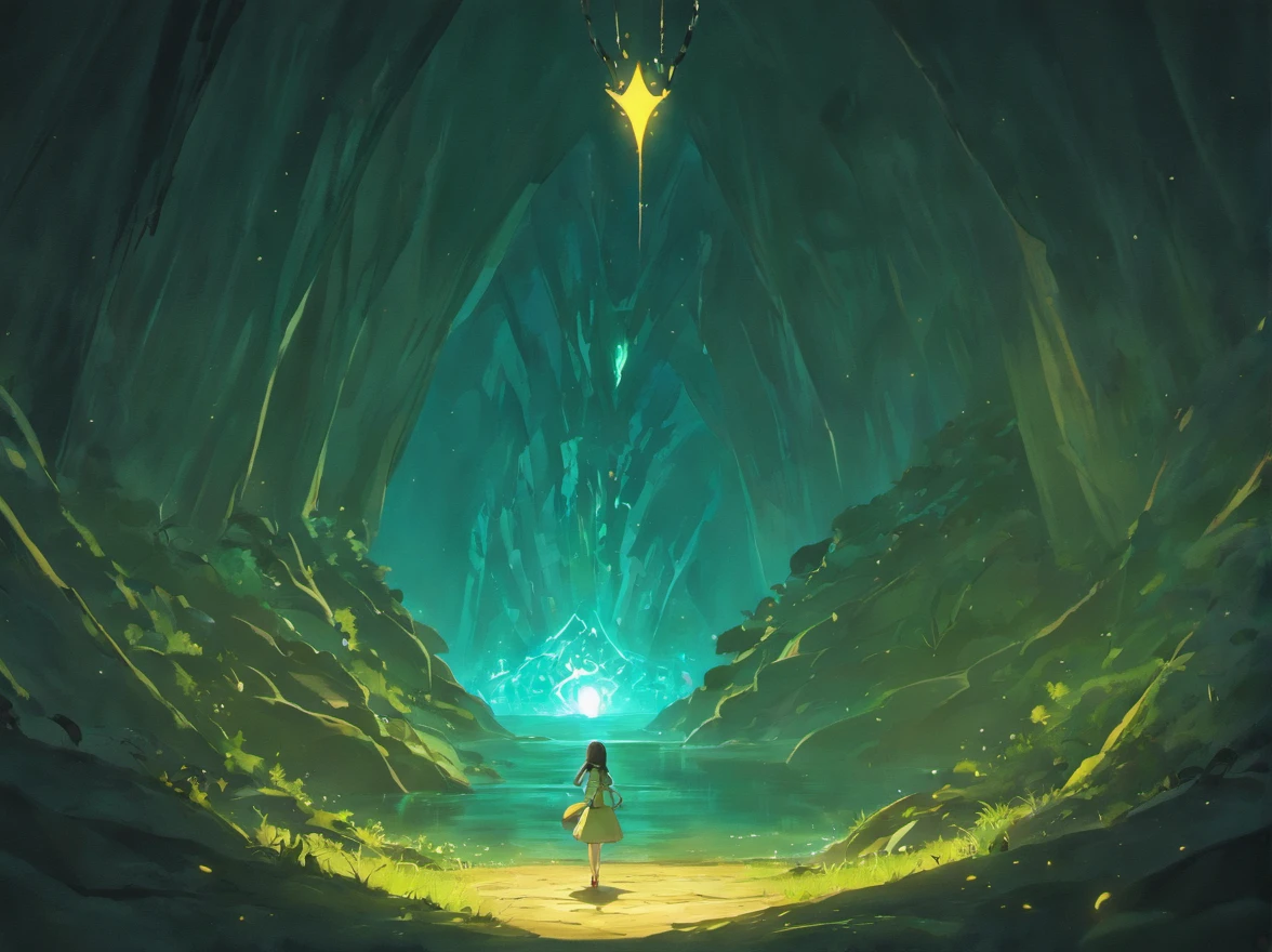 Cena de uma livro infantil, A dark cave with a heart-shaped portal in the middle, tons de azul, cobwebs and low lighting
