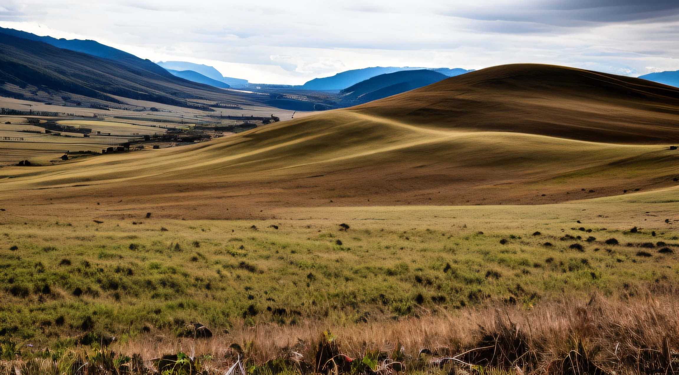 monochromatic, tan, brown, degraded grassland landscape, hills, valleys, no roads, no people, no buildings, clouds, cattle