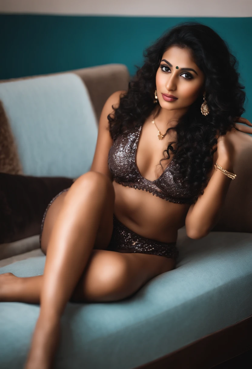 Beautiful indian girl. sitting on the couch, curlyhair style, wearing transparent two pieces bikini, wide opened long legs, her beautiful boobs exposed, brown skin tone, expression, bite her lip