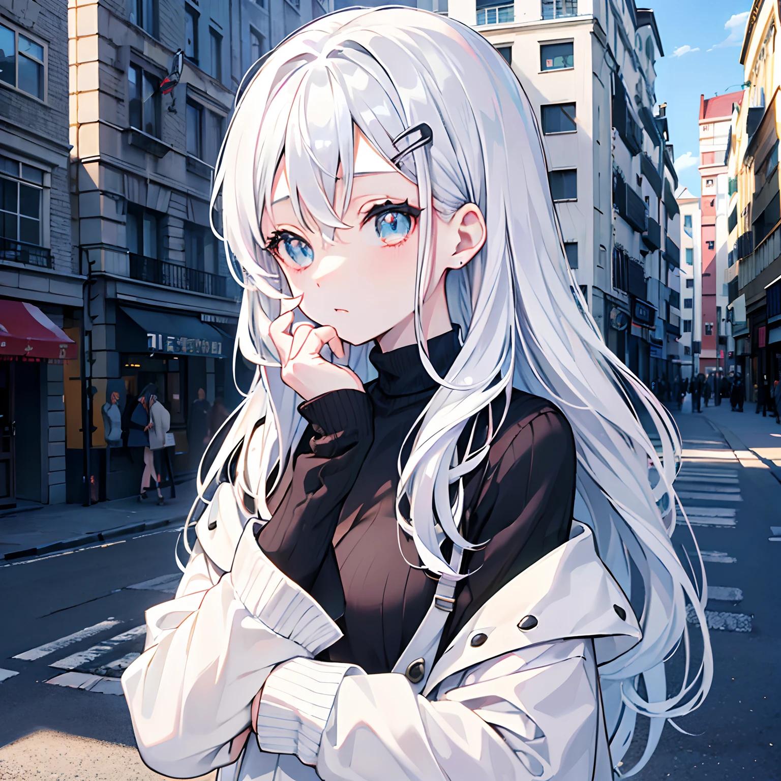 (top-quality、masutepiece)、(((Delicat eyes)))、1 girl in、Hand on forehead、Fashionable clothes、White hair、hair pin、wearing black sweater、Daytime、Building Street、The sunlight is dazzling