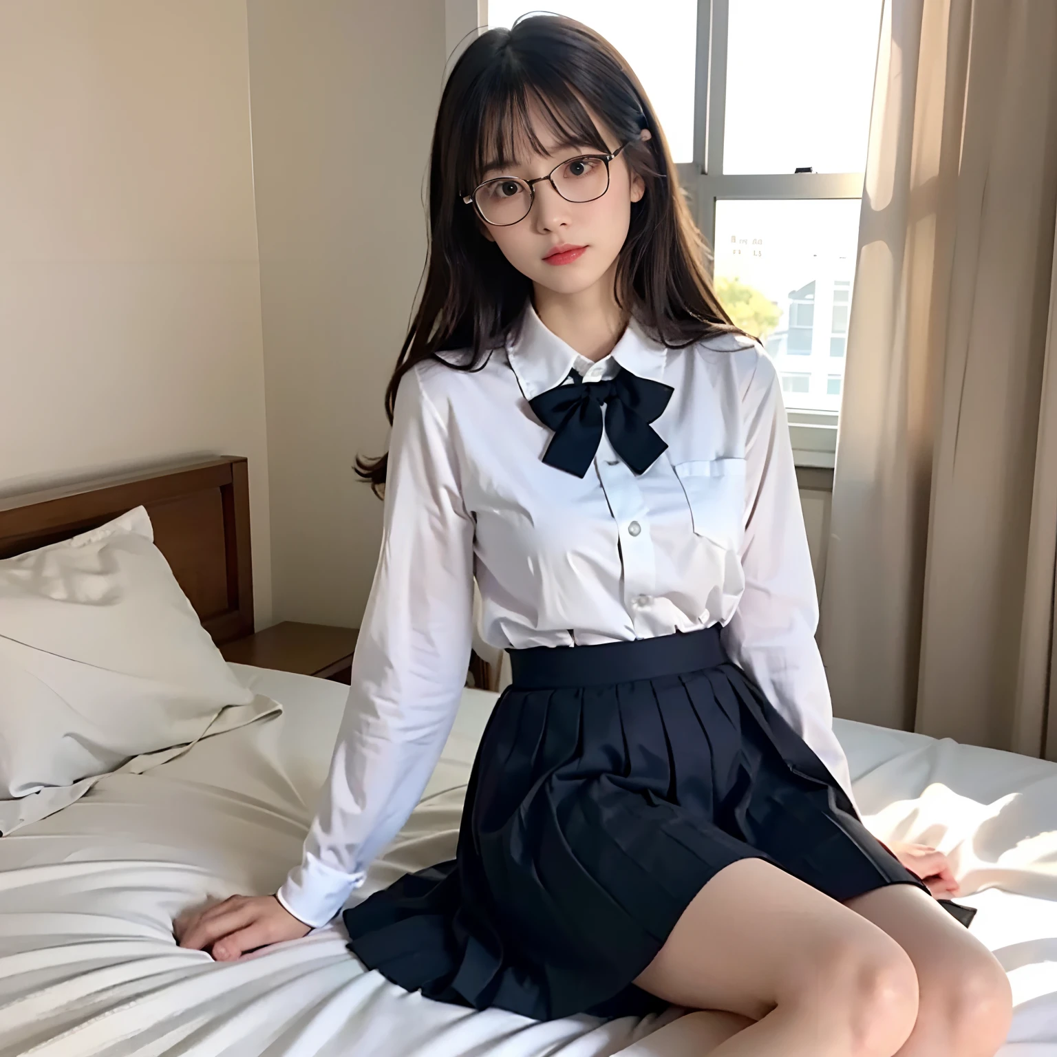 masutepiece, precise, extremely high detail,top-quality,masterpiece,Super Definition Photoreal Stick,one girls,18year old, kawaii:1.3, A dark-haired, Braids, Black eyes,small head,(tre anatomically correct), in school uniform, White shirt, Blue miniskirt,Red bow tie, large full breasts:1.3, A slender, healthy,sexy pose,all-fours,eye glass,low angle shot, nffsw