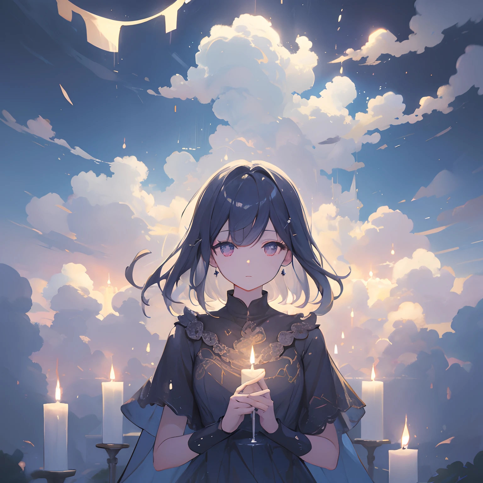 candle rainscape illustration sticker flat composition cloudy sky warm light graphic design top quality dark cloudy sky rainfall