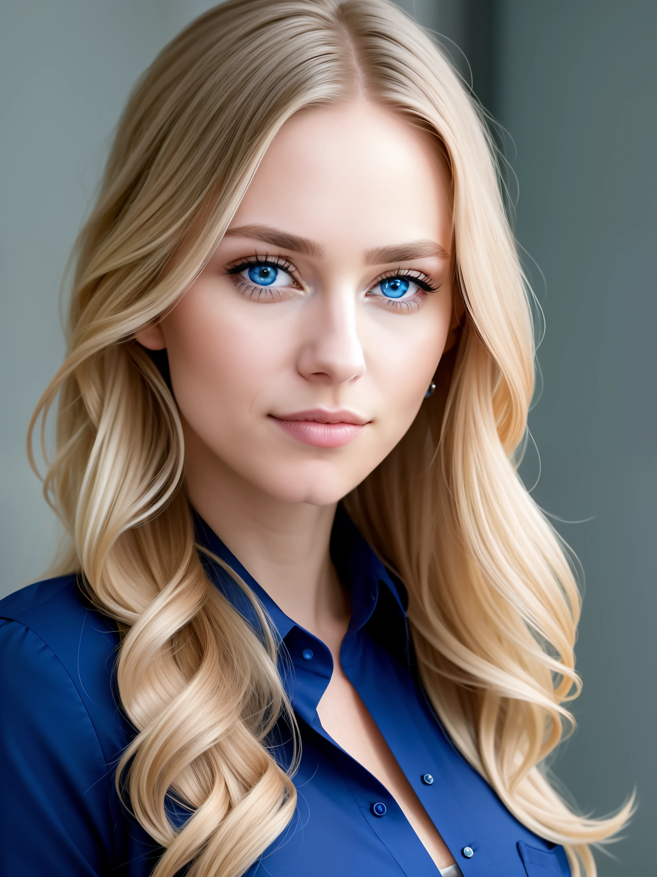 a female geneticist in her thirties, with an elegant presence and a mysterious charm. She has long, wavy blonde hair that frames her face, and her piercing blue eyes reflect a cold intelligence. His tidy appearance and professional attire give him an aura of confidence and competence.