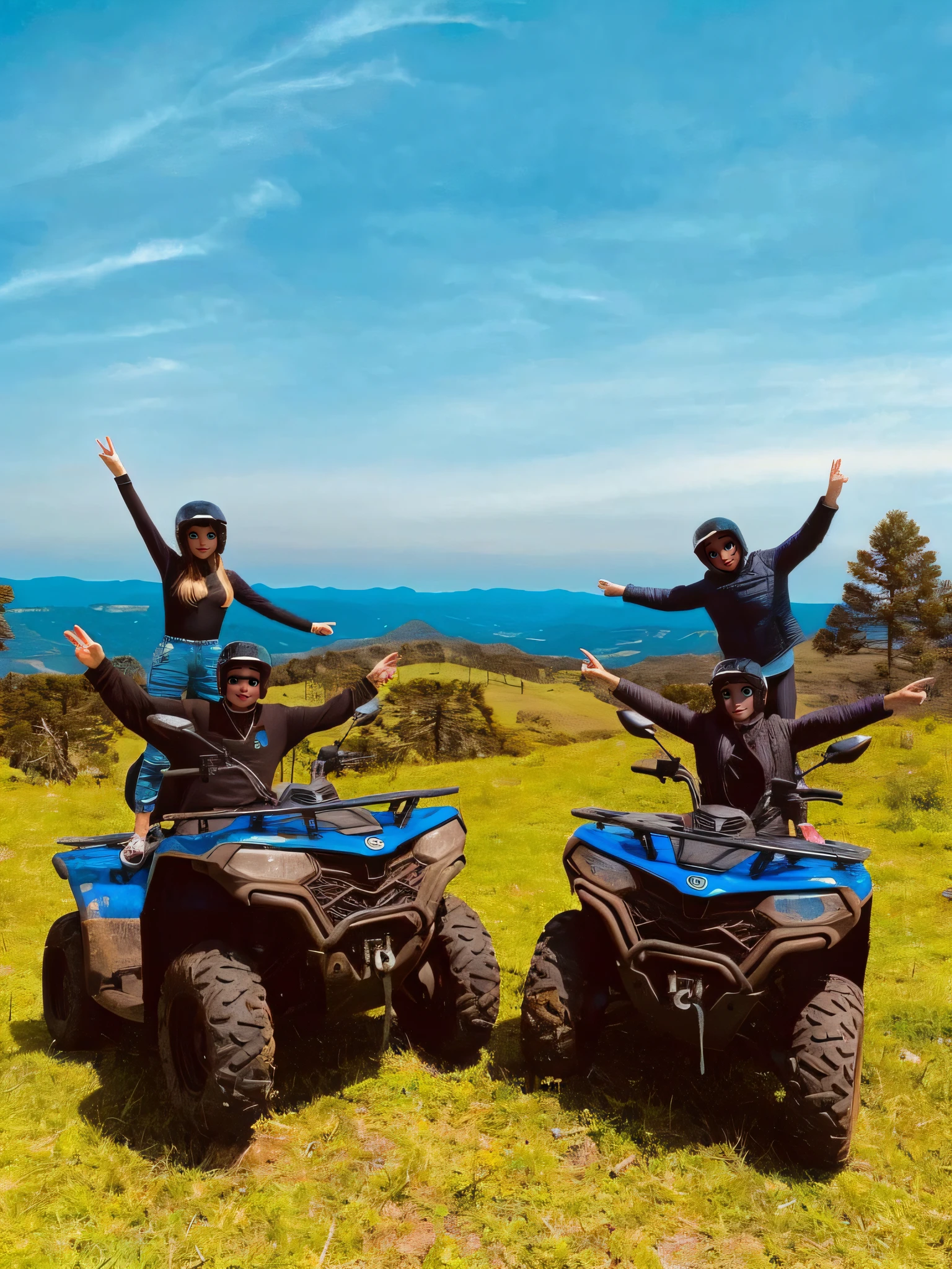 Couples riding quad bikes on top of a mountain with a lovely view of blue sky and mountains in the background 3D animation style