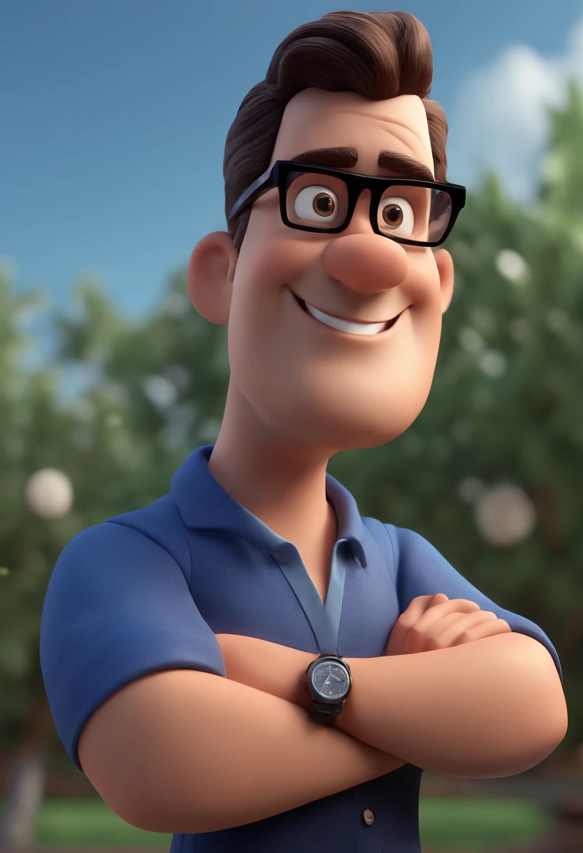 Cartoon character of a man with black glasses and a blue shirt, animation character, Caractere estilizado, animation style rendering, 3D estilizado, Arnold Maya render, 3 d render stylized, toon render keyshot, Personagem 3D, Personagem 3D, 3d rendering stylized, 3 d character render, personagem de desenho animado, Personagem de close up, Pose de personagem,  (Estilo Pixar) (master part:1.2) (Bokeh) (best quality) (pele detalhada) (textura detalhada) (8k) (argila) (Cinematic lighting) (foco nítido