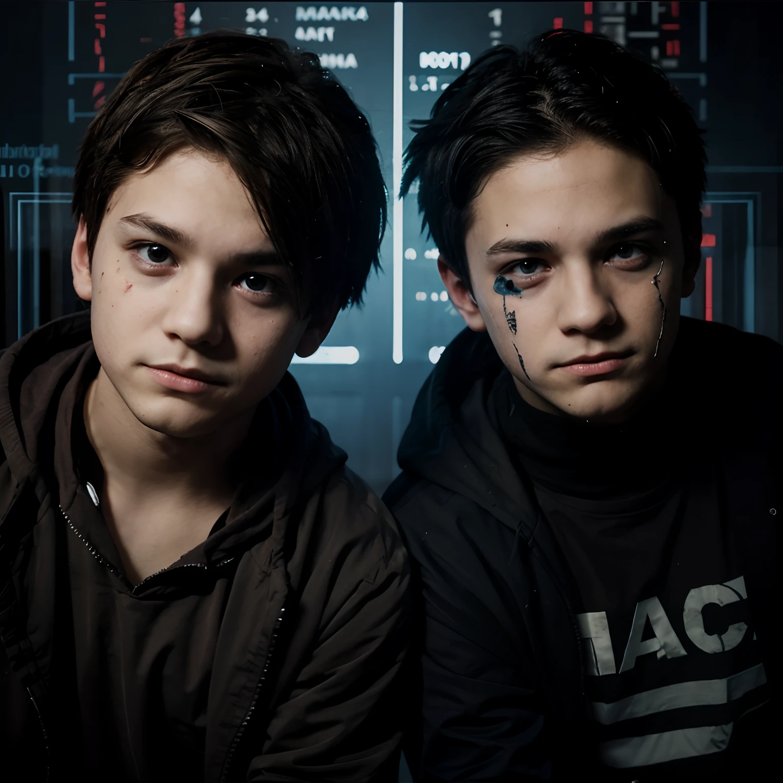 two boys hacker marks with horror background
