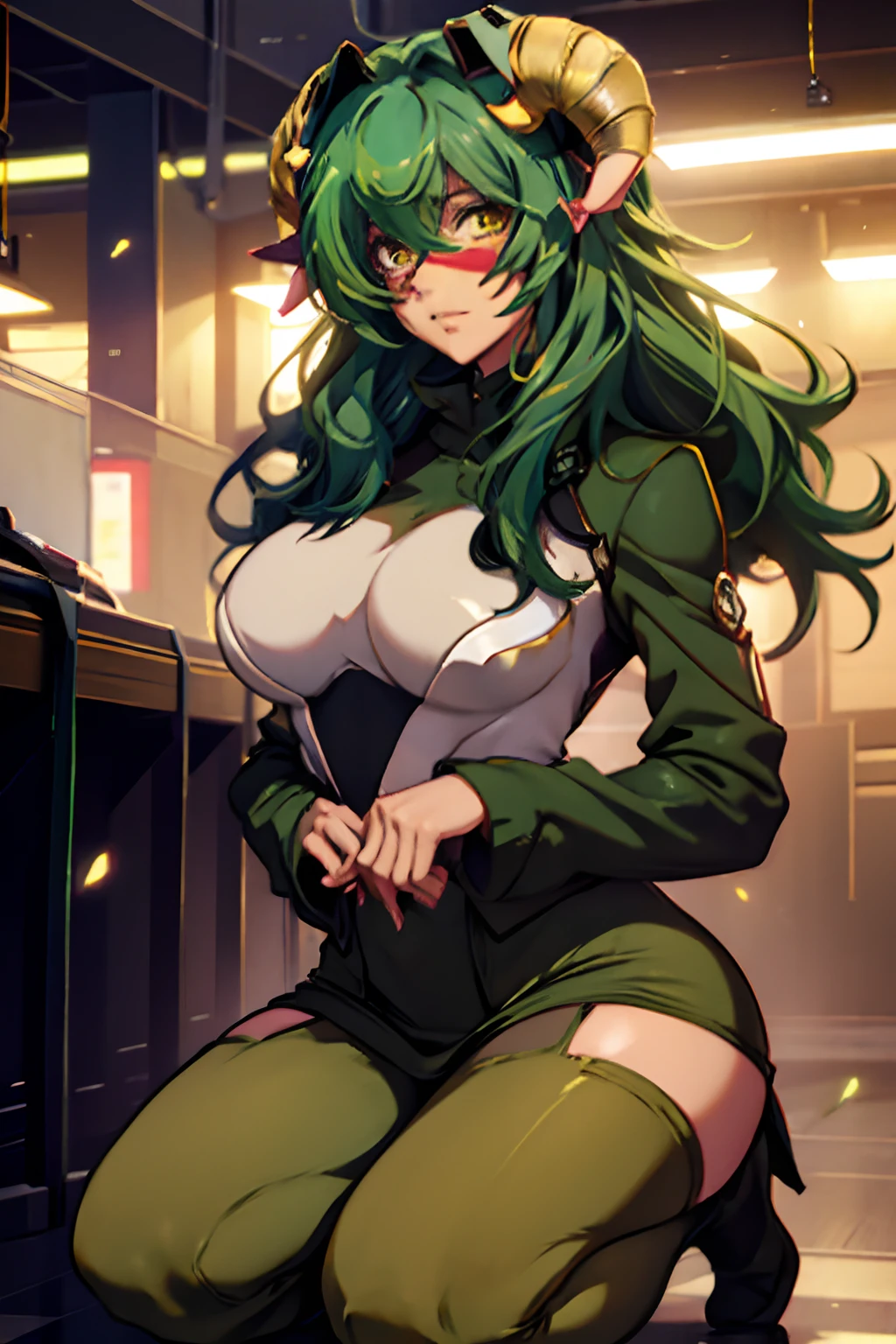 cz_nell-000002, facial mark, yellow eyes, horns, green hair, on her knees