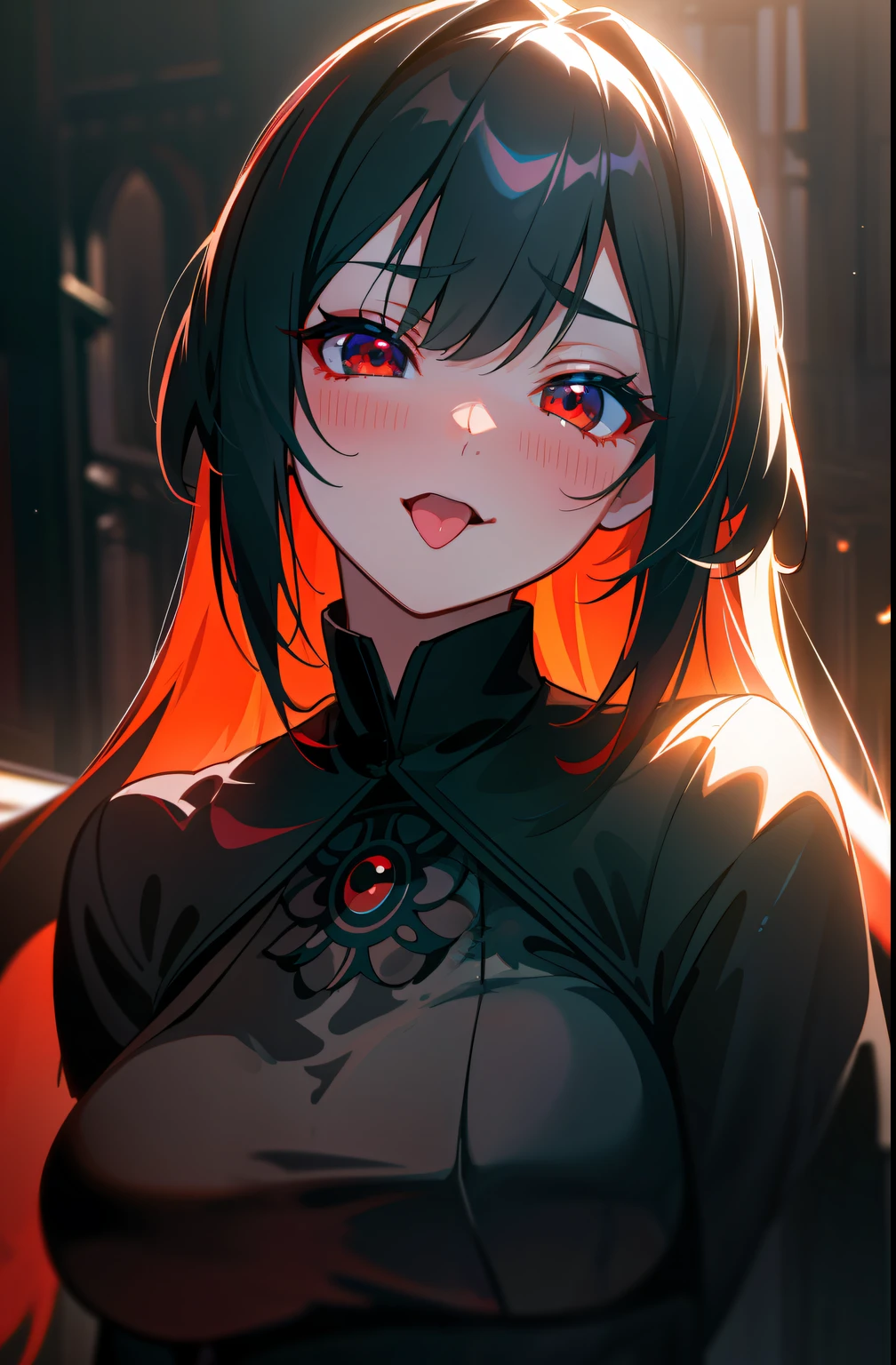 masterpiece, best quality, (colorful), (delicate eyes and face), volumetric light, ray tracing, extremely detailed CG unity 8k wallpaper, serana, 1girl, red eyes, looking at viewer, upper body, ahegao, blush, rolling eyes, tongue out, gloomy castle, dark,