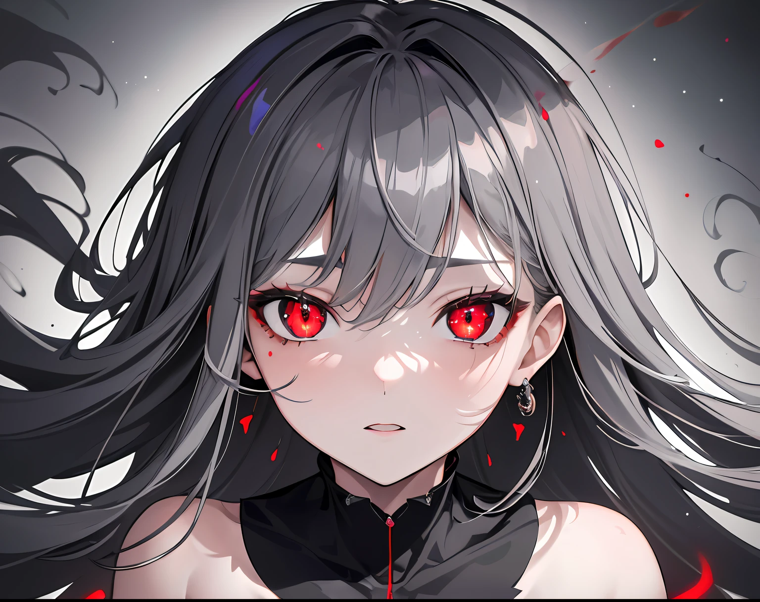 Explicit,nsfw,1girl,Solo,(red  eyes and black eyes:1.3),light  hair,grey eyes,best quality, very aesthetic, absurdres,eyes,breasts,attractive,adorable,simple,side locks,sideburns,bigbreast,(Gradient hair),(black hair:1.3),(Androgynous:1),(straight on),big breast,Good skin,straight hair,looking at viewer (red and black),(White Breath),upper body