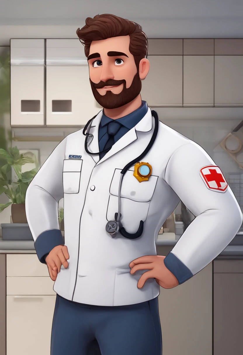 Personagem dos desenhos animados de um homem, moreno com barba, in paramedic uniform, animation character.