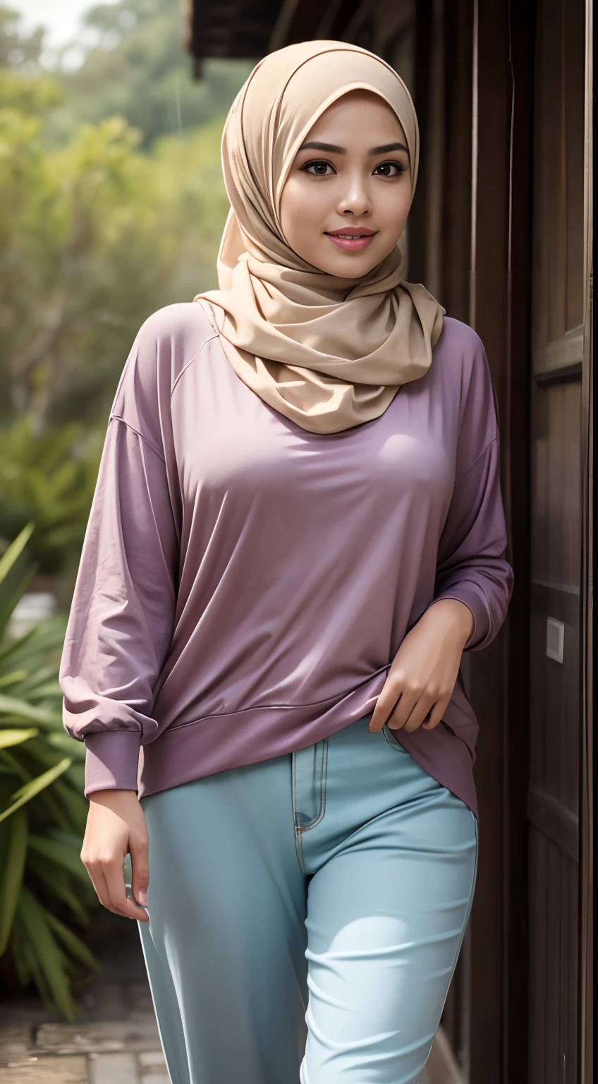 RAW, Best quality, high resolution, masterpiece: 1.3), beautiful Malay woman in hijab (iu:0.8),Best quality, high resolution, Masterpiece: 1.3, Beautiful hijabi malay girl, Masterpiece, Soft smile,Beautiful Malay women wear pastel color hijab walking with intense rainfall,bright sunshine, hiking clothes, pullover, long pants, highres,4k,HDR,1girl, photorealistic, realistic,sweat skin, wet clothes, wet body, big breast, ((full body))soaked, dripping, smiling at viewer, closeup