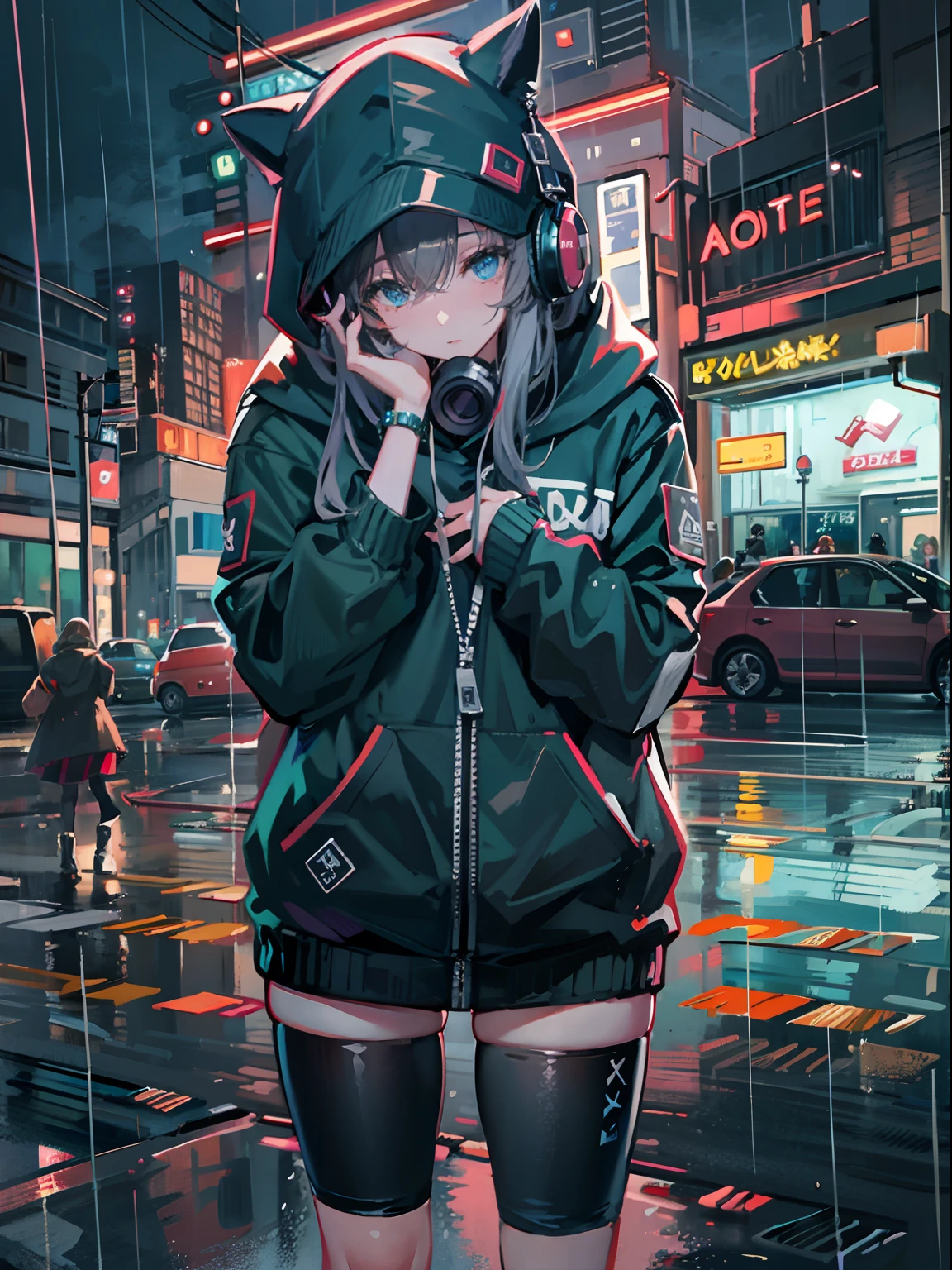 masterpiece, girl alone, solo, incredibly absurd, hoodie, headphones, street, outdoor, rain, neon,