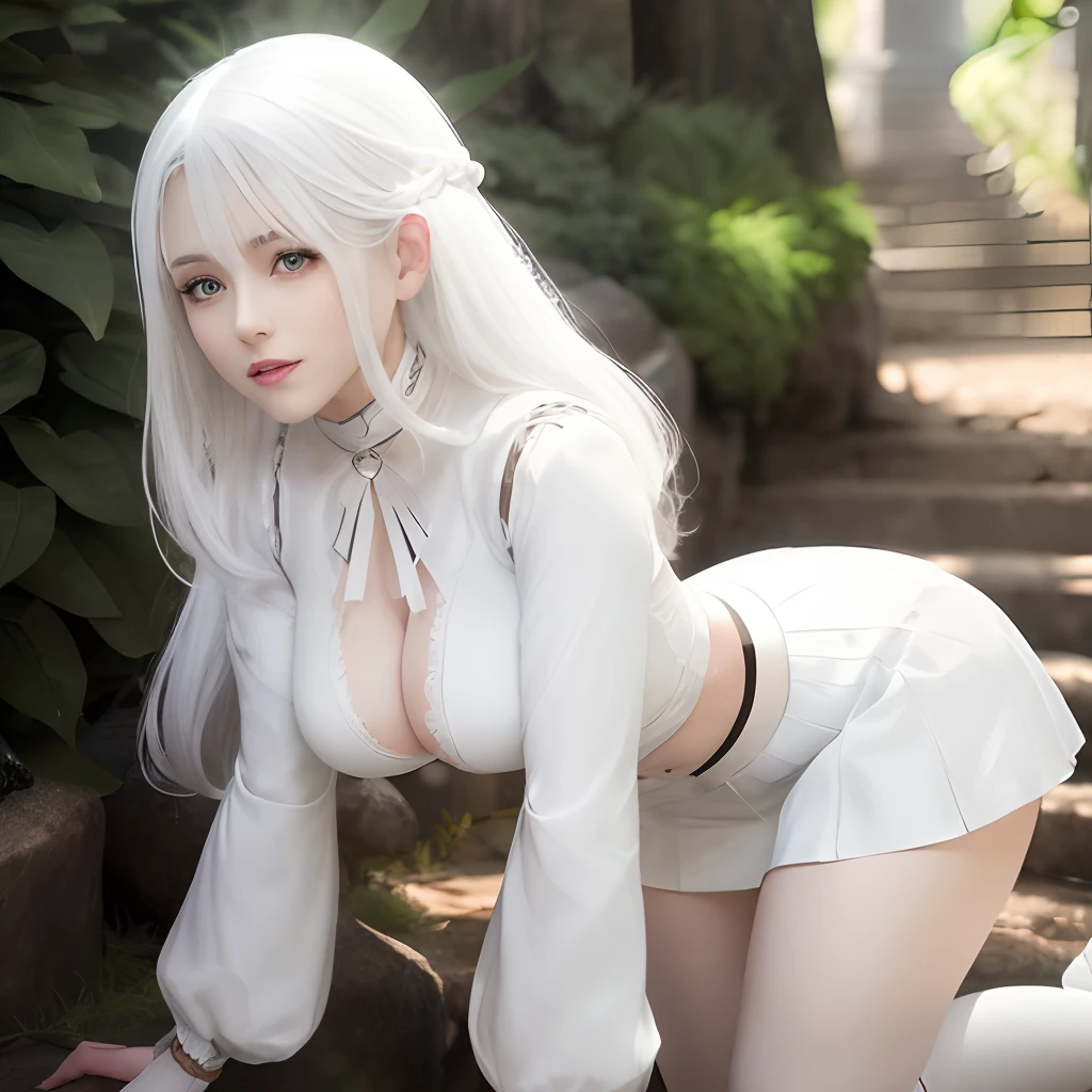 araffed woman in white dress posing in front of a tree, perfect white haired girl, tifa lockhart with white hair, white haired deity, white-haired, white haired, anime girl cosplay, girl with white hair, with white long hair, with long white hair, white haired lady, anime cosplay, white cat girl, the anime girl is crouching