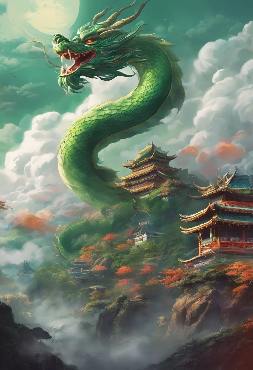 china style,Chinese mythology,Chinese Green Dragon,tosen,cute little,immensity,Eyes like a person,glow effect,Surrounded by clouds,Thick clouds,buliding,中景 the scene is,Full body like, Highly detailed surreal VFX,OC rendering,