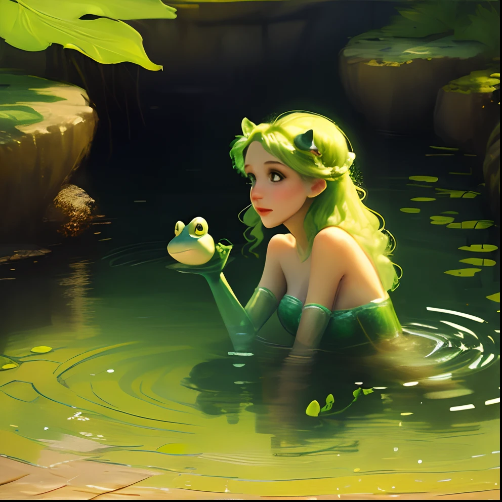 full-shot,full - body,In detail and in detail, the frog princess with a tiara in her head sits on a leaf of a water lily in a swamp, holding an arrow in the middle in her mouth;,ultra-high detail,ultra sharp focus,Dramatic light,The sun's rays through the darkness of the forest,Photo Style by Greg Rutkowski,photo realism --auto --s2