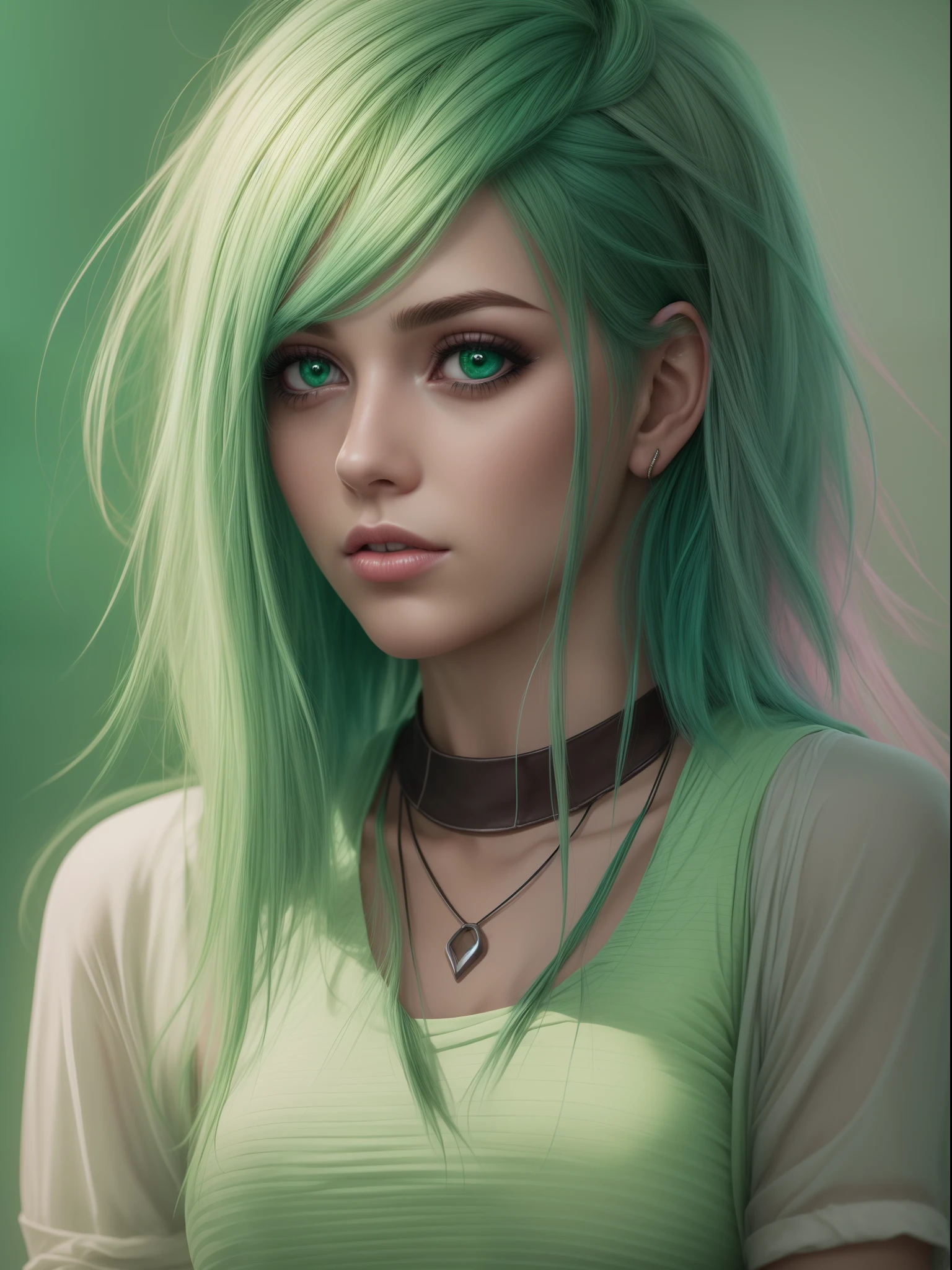 Woman, realistic character, green hair with pink locks, blue eyes, semi-realistic, Alone, modern, blurred background, dark moody chocolate settings