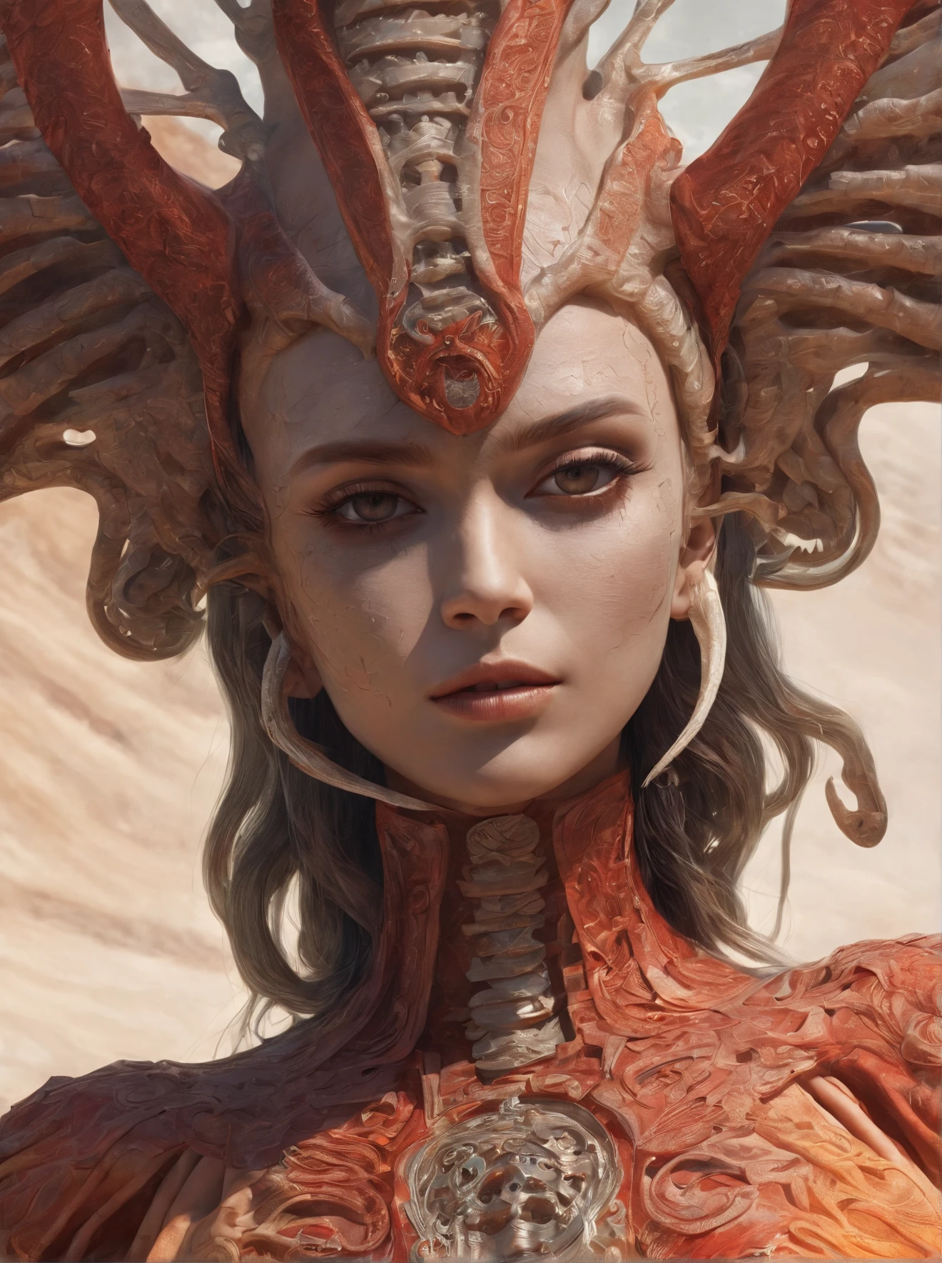 fantasy desert, gaisha, bones road, red dress with orange Gustav Klimt pattern, hyperdetailed painting, ZBrush Central, fantasy art, album cover art, 8k, octane render, sf, intricate artwork masterpiece, ominous, matte painting movie poster, golden ratio, trending on cgsociety, intricate, epic, trending on artstation, by artgerm, h. r. giger and beksinski, highly detailed, vibrant, production cinematic character render, ultra high quality model