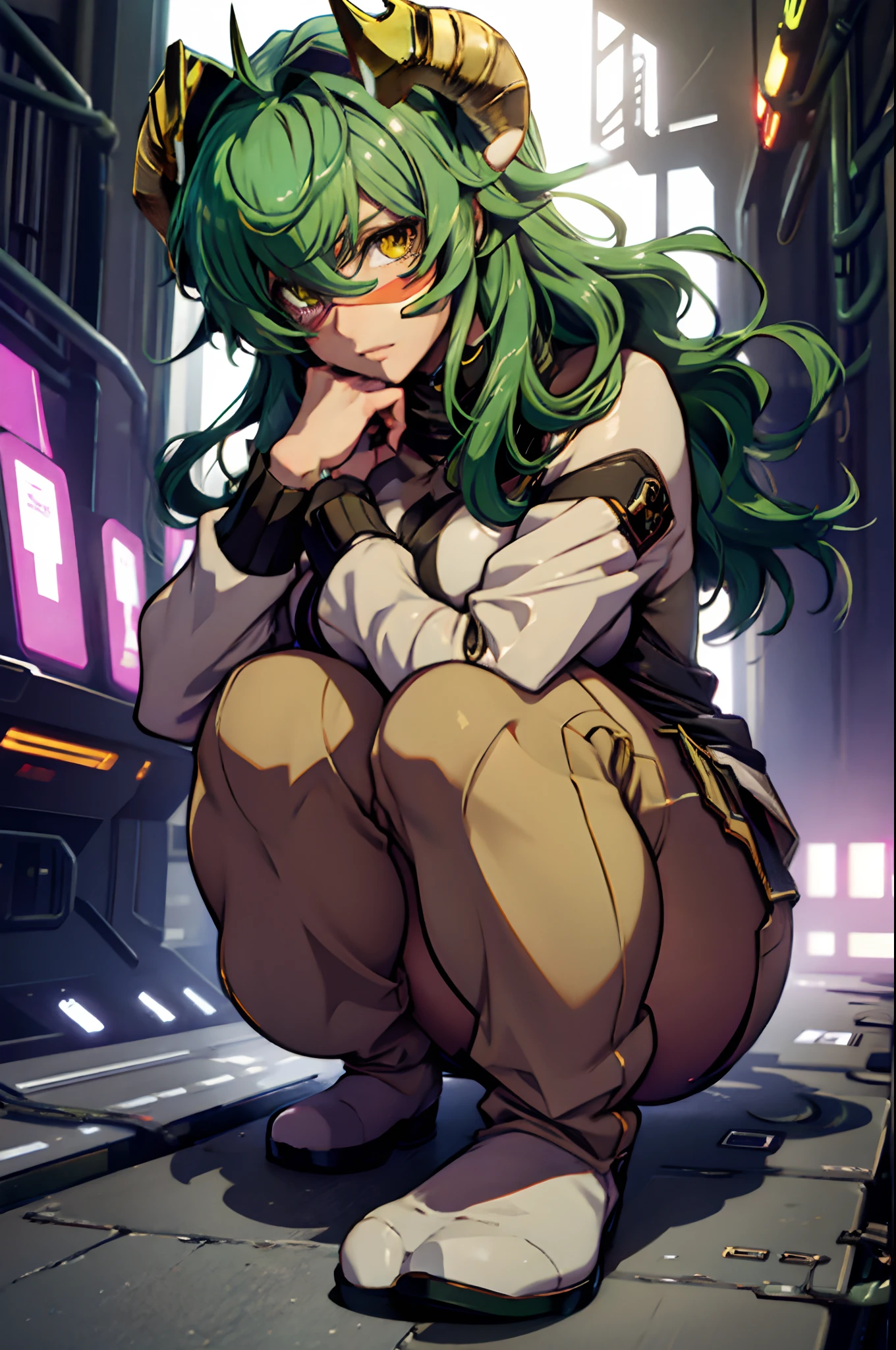 cz_nell-000002, facial mark, yellow eyes, horns, green hair, on her knees