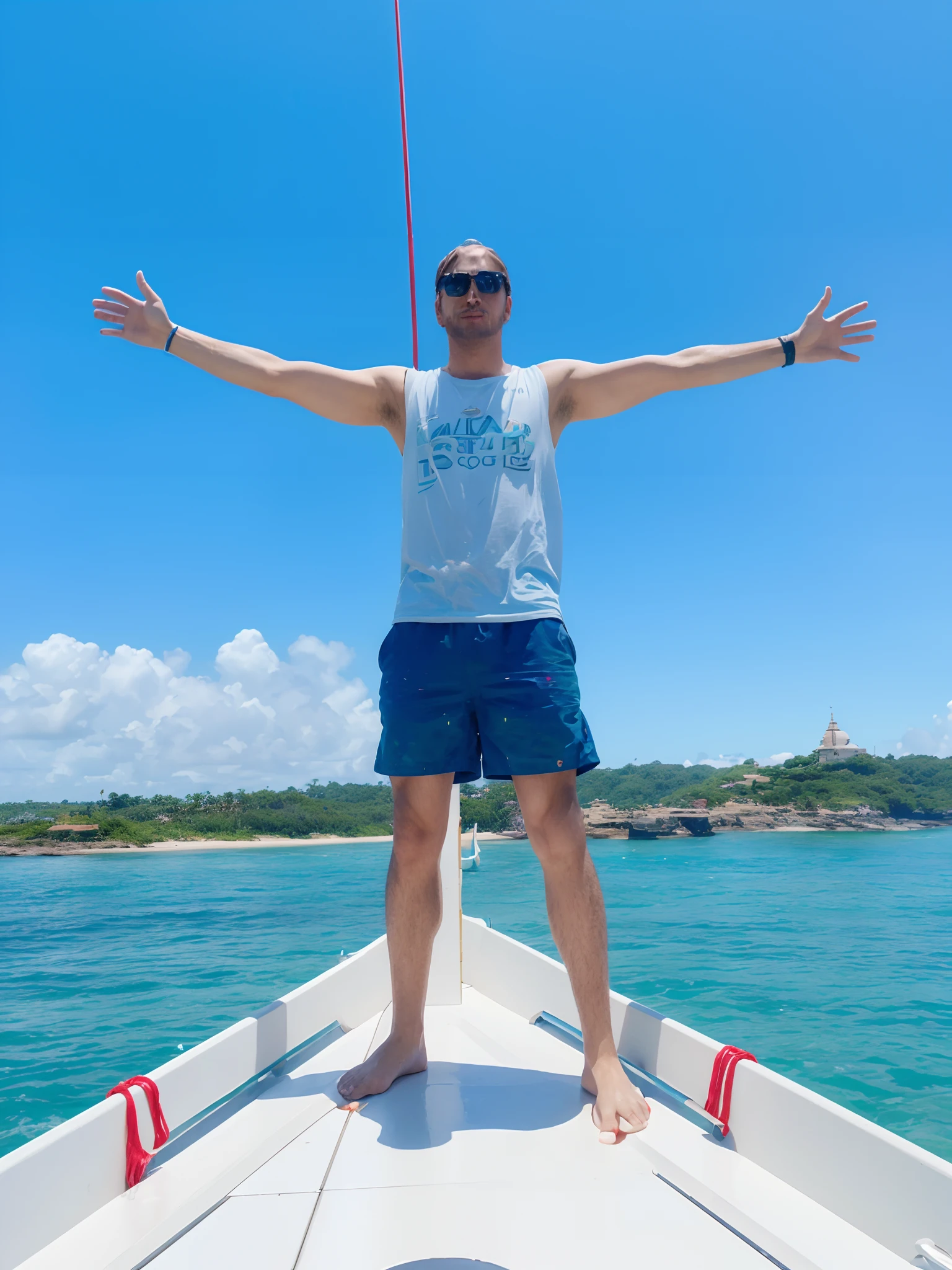 An island with crystal clear sea and an yaych coming from dostance and an young boy sotting and watching the yatch