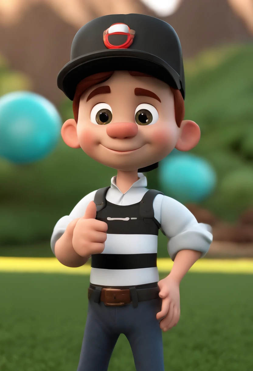 Cartoon character of a man wearing black cap and a shirt with red and black stripes horizontally, um personagem animado, Caractere estilizado, animation style rendering, 3D estilizado, Arnold Maya render, 3 d render stylized, toon render keyshot, Personagem 3D, Personagem 3D, 3d rendering stylized, 3 d character render, personagem de desenho animado, Personagem de close up, Pose de personagem, (Estilo Pixar) (master part:1.2) (Bokeh) (best quality) (pele detalhada) (textura detalhada) (8k) (argila) (Cinematic lighting) (foco nítido，Senta e vaza a parte superior do corpo, pescando peixe na praia